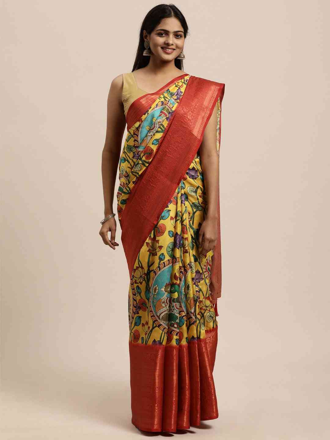 Beautiful Kalamkari Zari Work Silk Blend Kanjivaram Saree