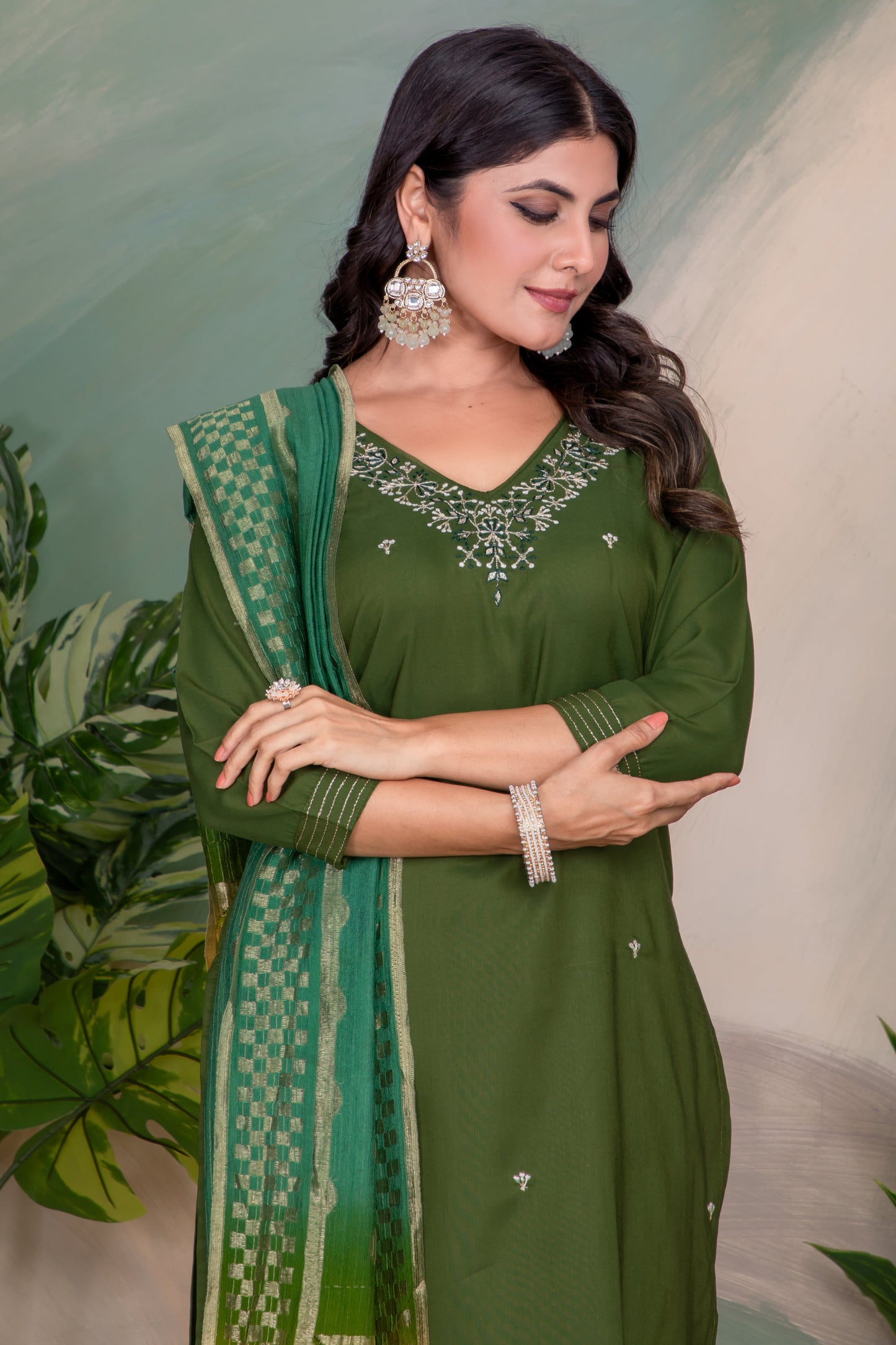 Silk Embroidered Green Kurta Set