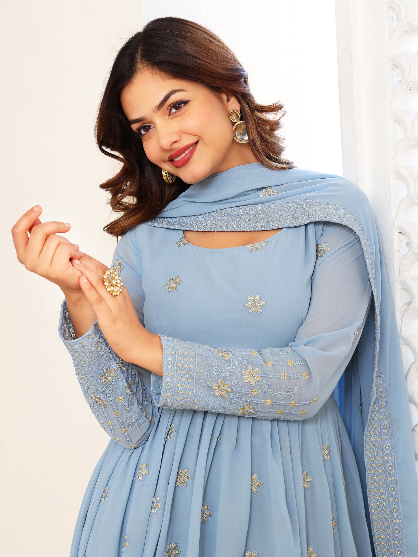 Party Wear Embroidered Sky Blue Gown Set