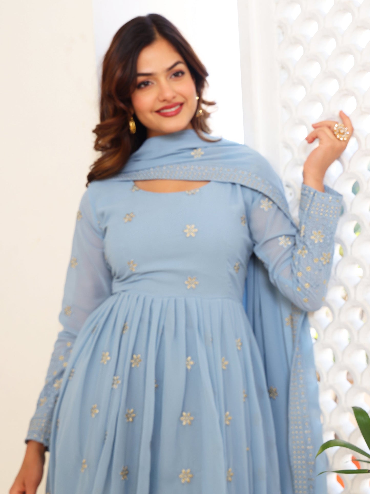 Party Wear Embroidered Sky Blue Gown Set