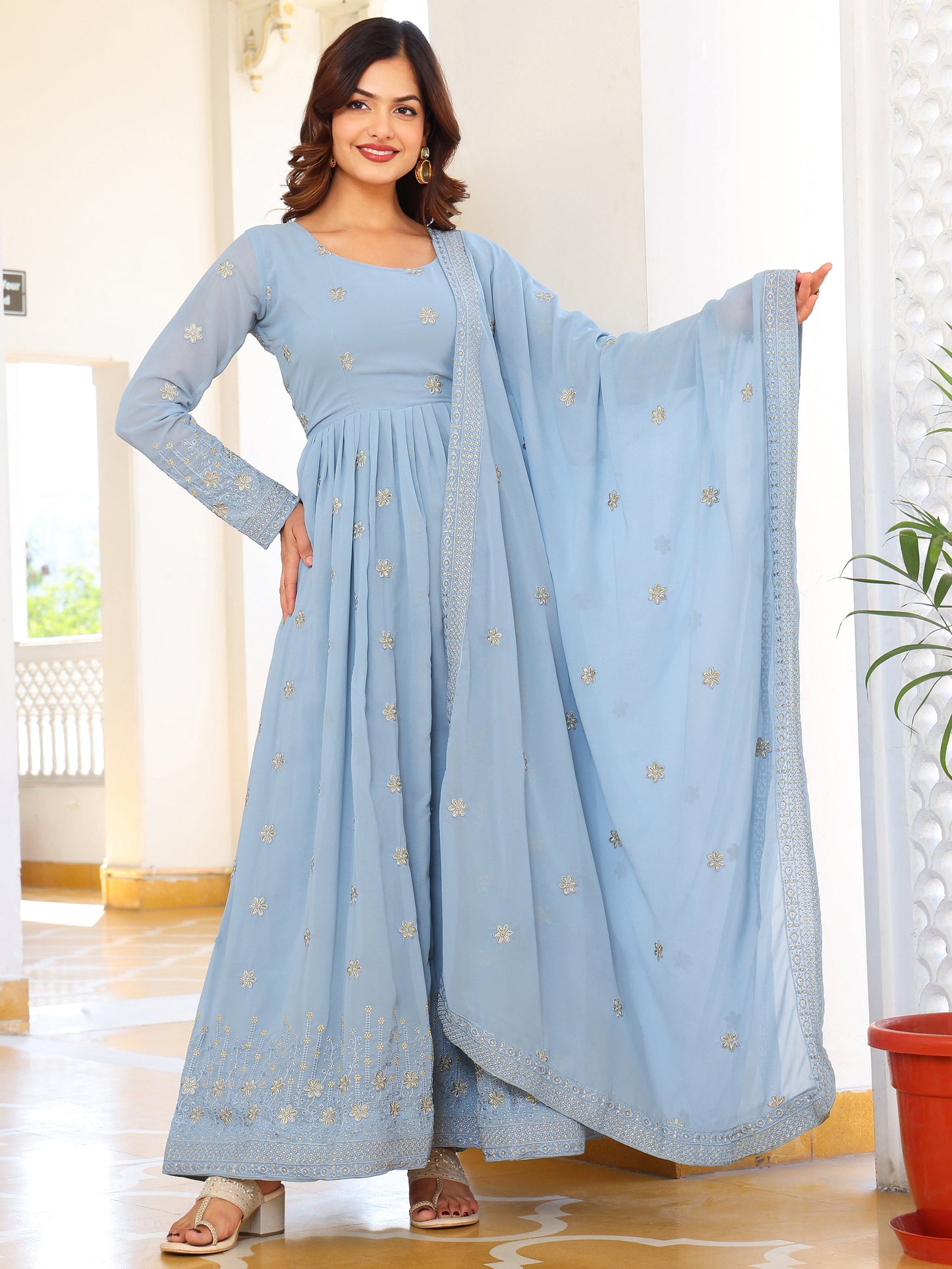 Party Wear Embroidered Sky Blue Gown Set