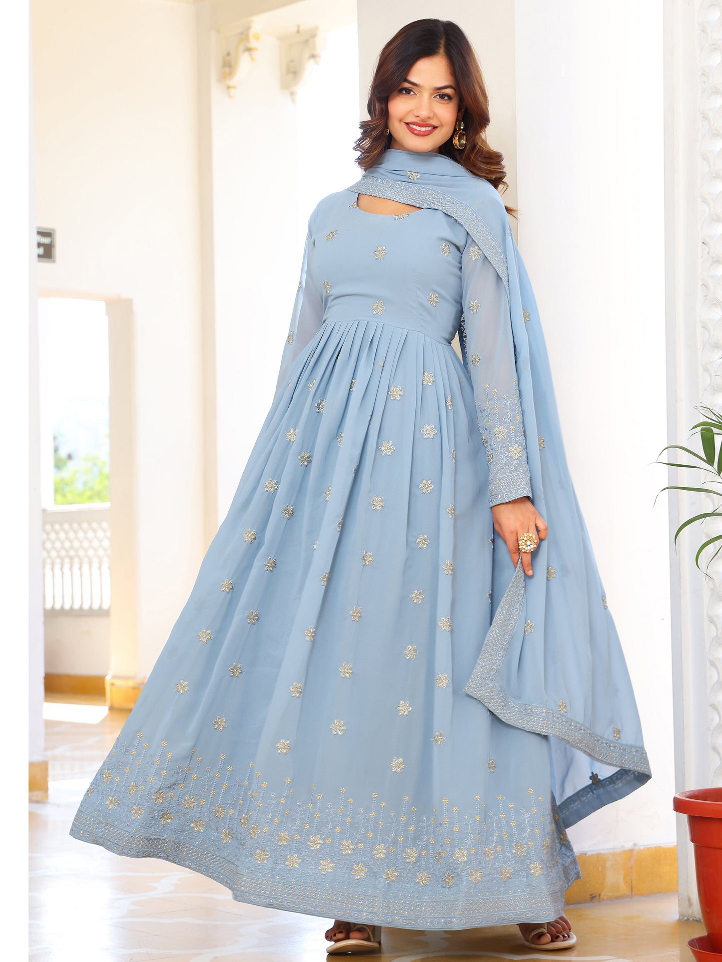 Party Wear Embroidered Sky Blue Gown Set