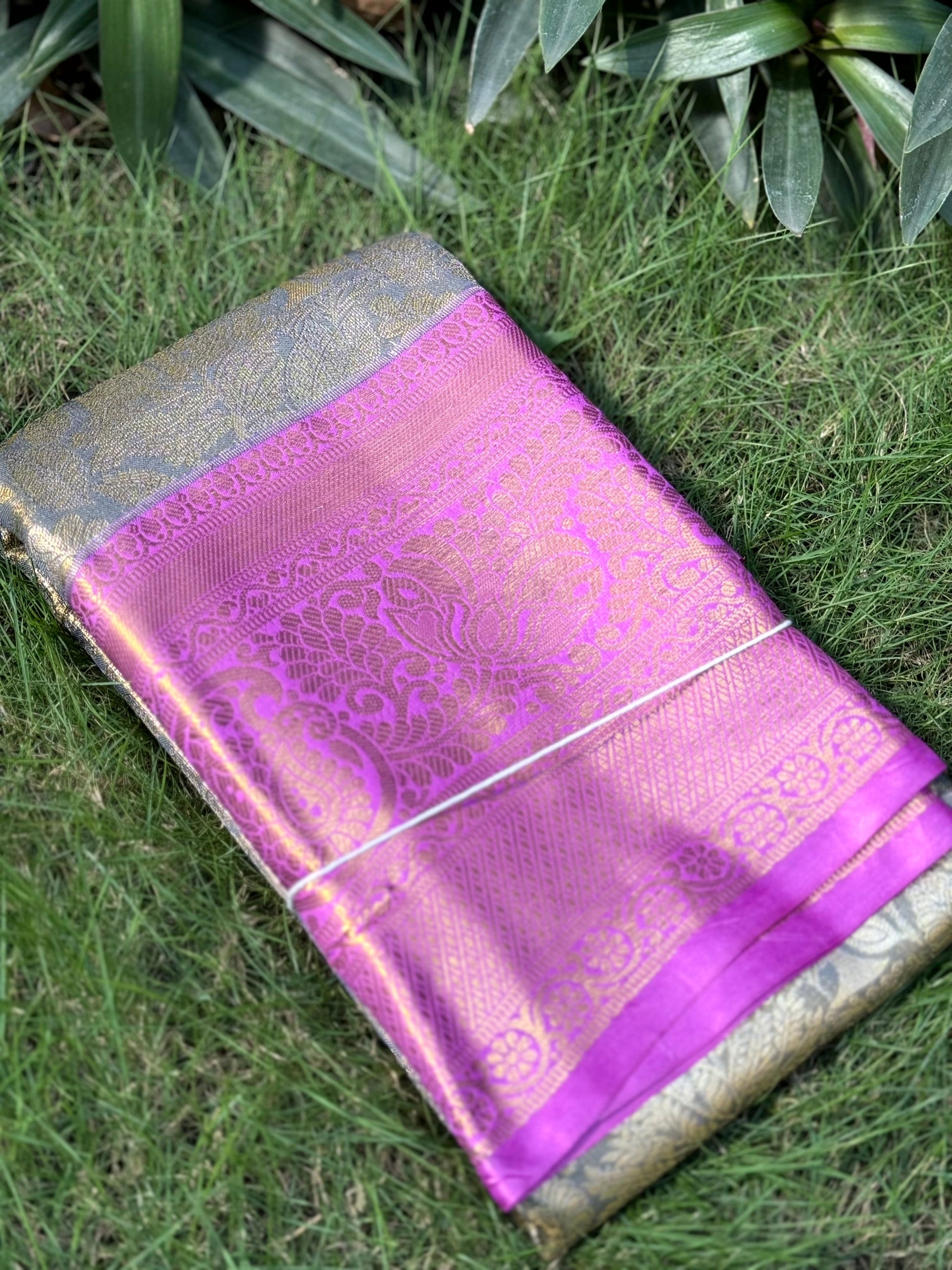 Grey Golden Threadwork Dharmavaram Saree by My Store