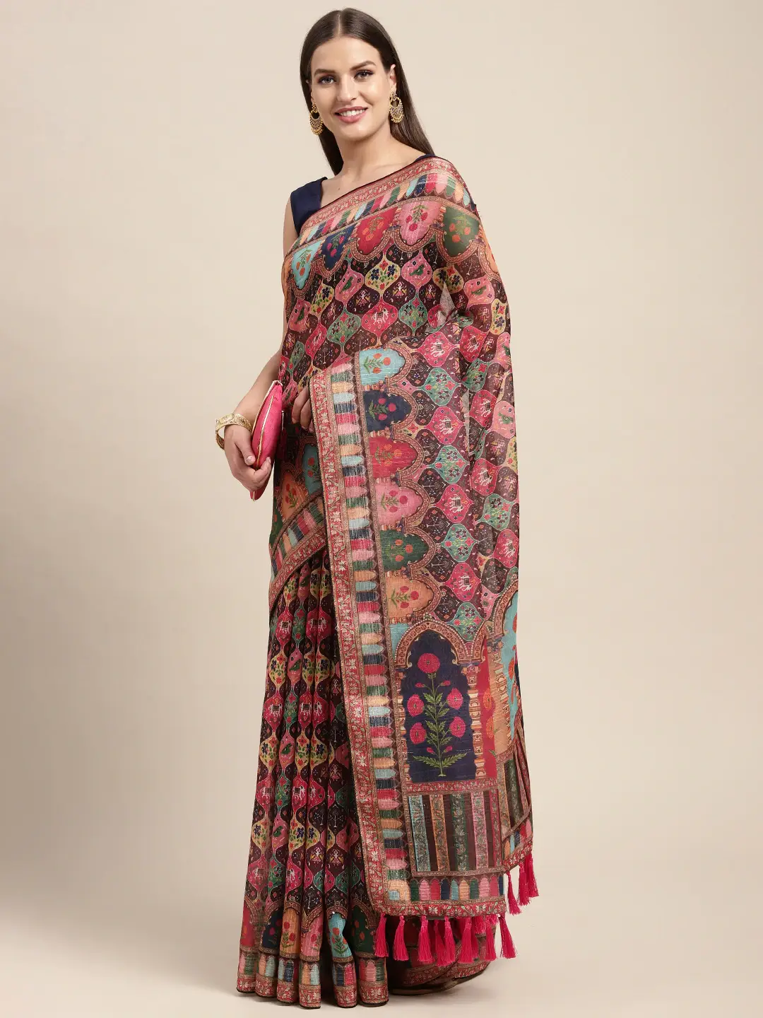 Soft Linen Mughal and Kalamkari Print Saree by My Store