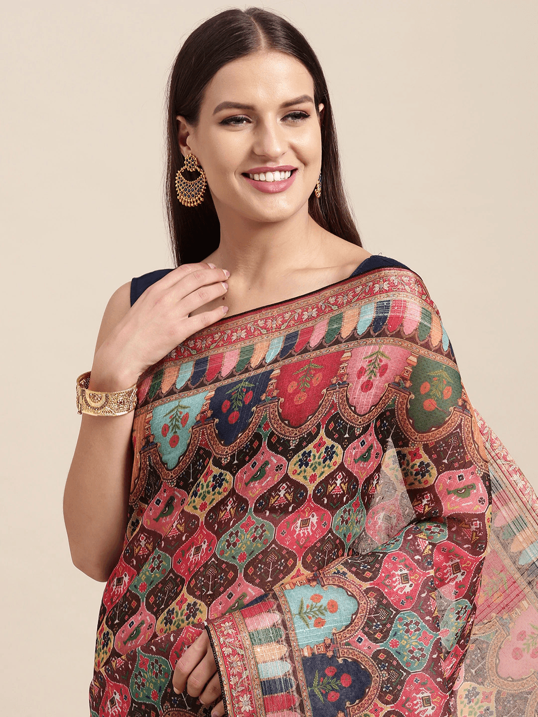 Soft Linen Mughal and Kalamkari Print Saree by My Store