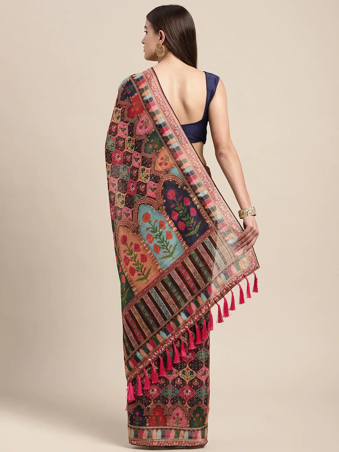 Soft Linen Mughal and Kalamkari Print Saree by My Store