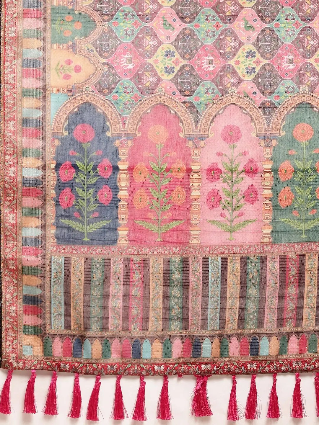 Soft Linen Mughal and Kalamkari Print Saree by My Store