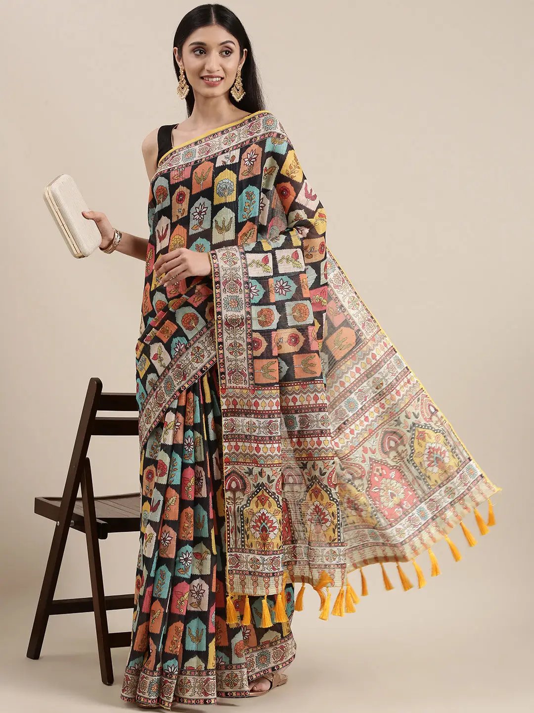 Soft Linen Kalamkari Block Print Party Wear Saree by My Store