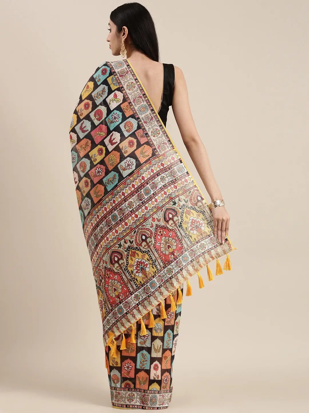 Soft Linen Kalamkari Block Print Party Wear Saree by My Store