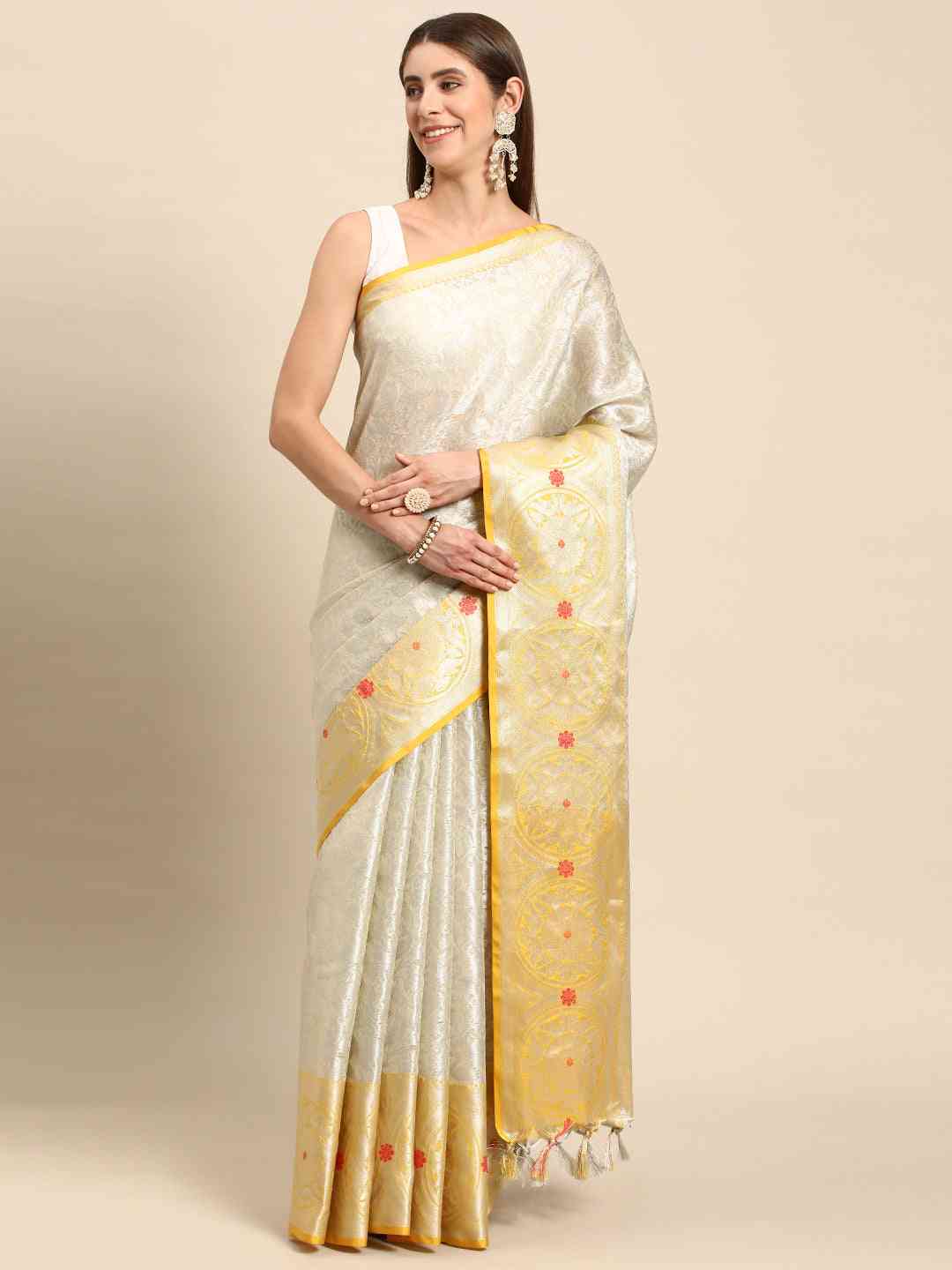 Fine Kora Zari Silk Saree With Ethnic Motifs by My Store