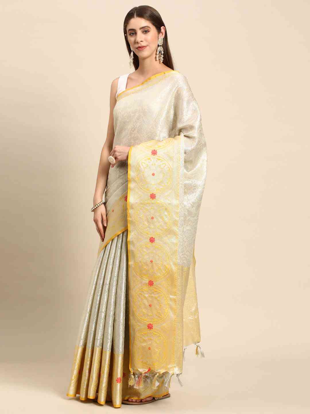 Fine Kora Zari Silk Saree With Ethnic Motifs by My Store