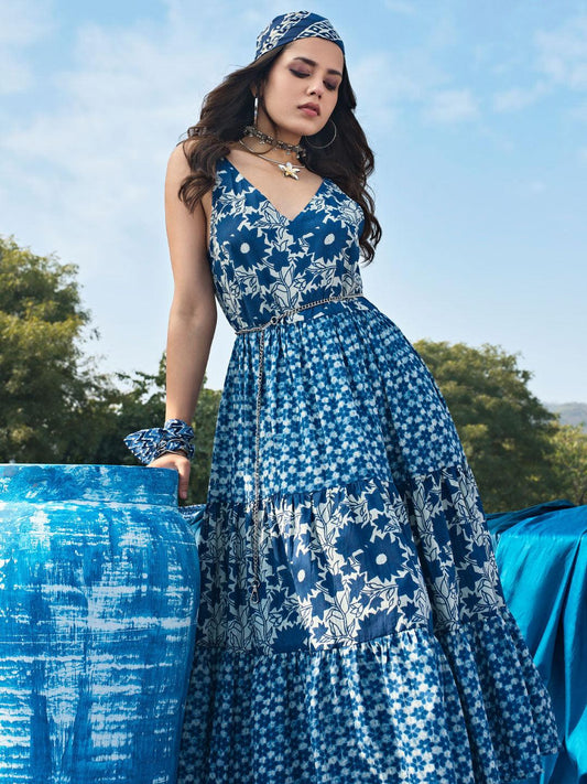 Indigo Printed Cotton Fit and Flare One Piece Dress by My Store