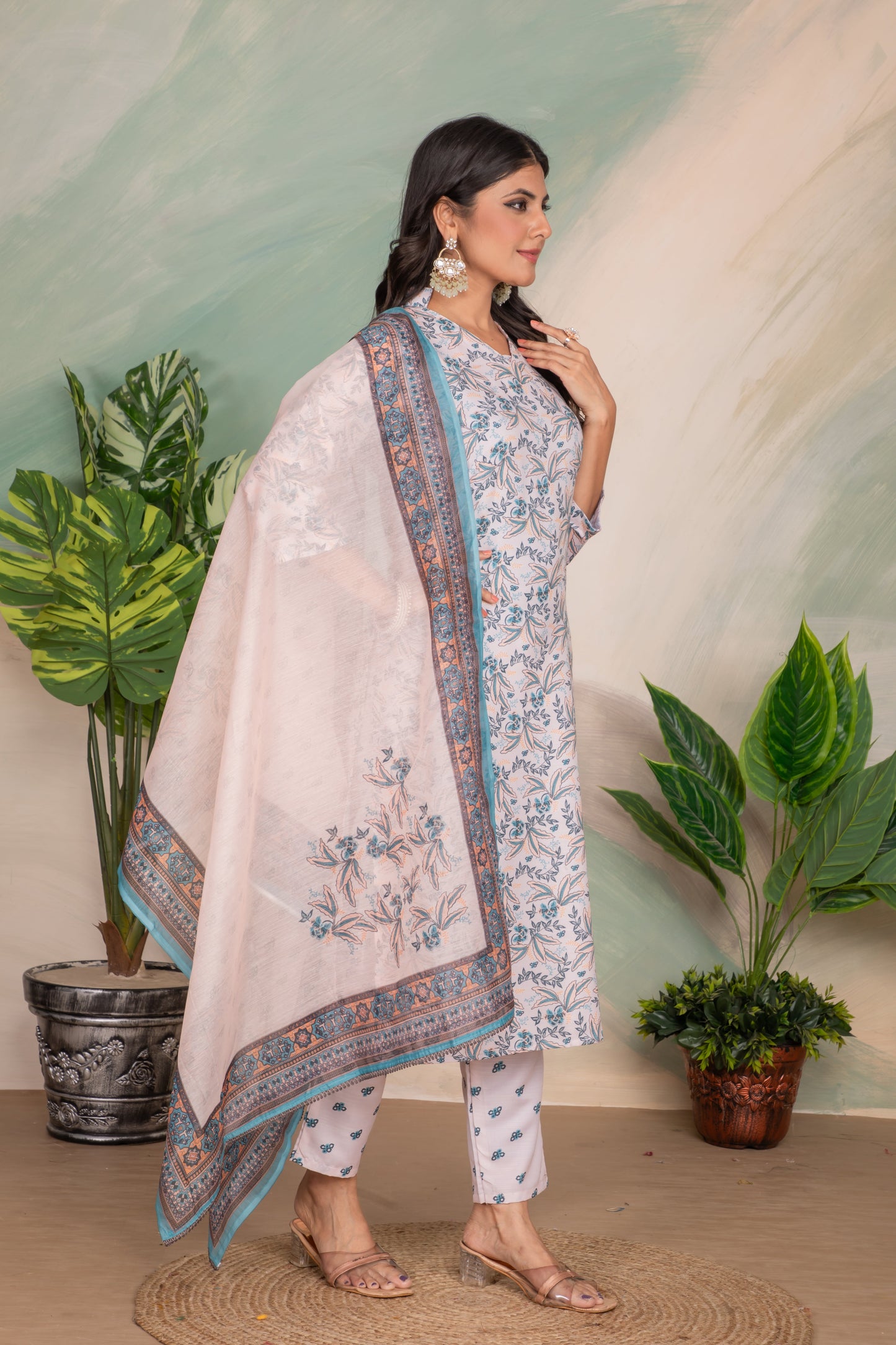 Casual Wear Printed Sky Blue Kurta Set