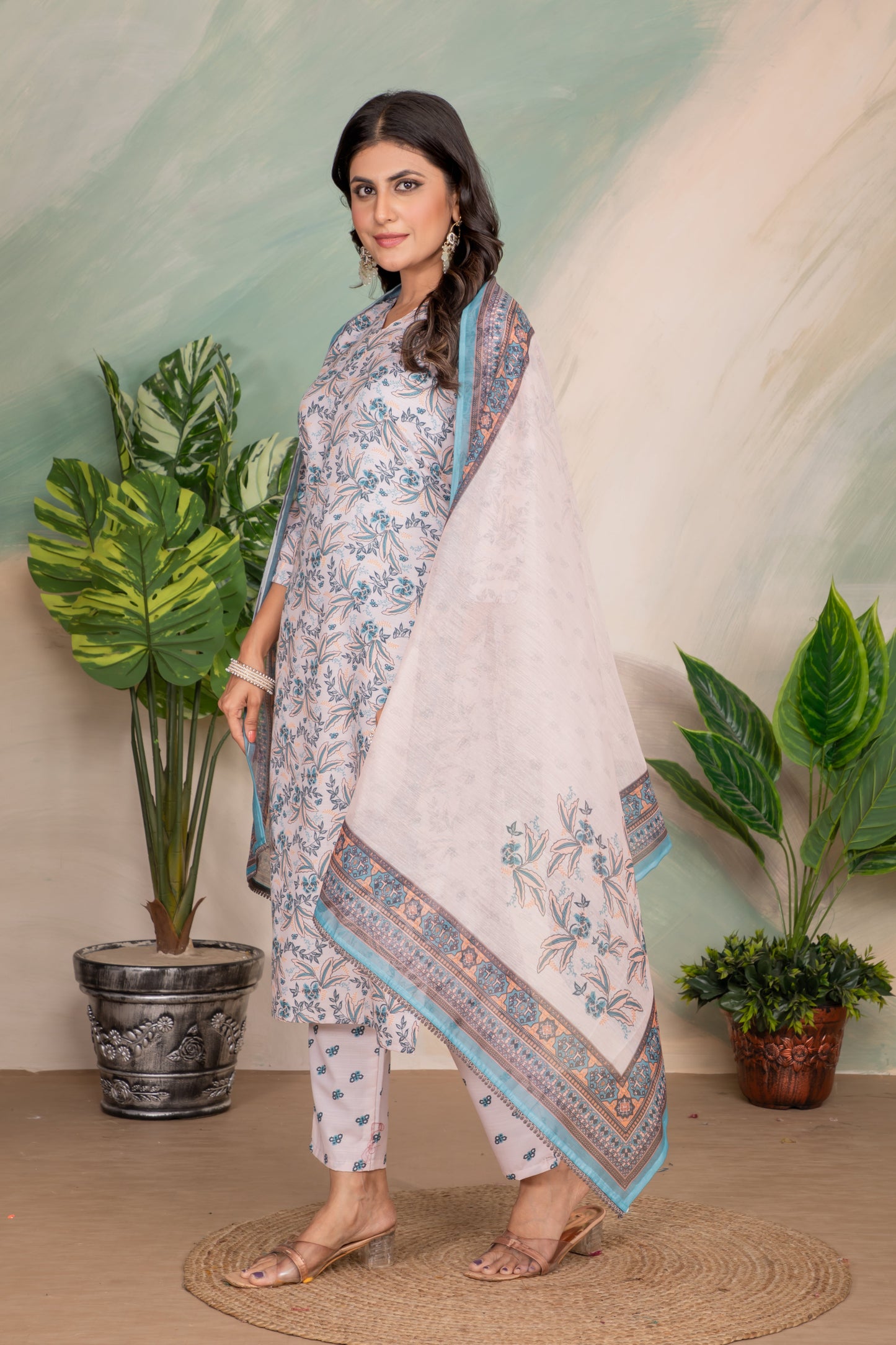 Casual Wear Printed Sky Blue Kurta Set