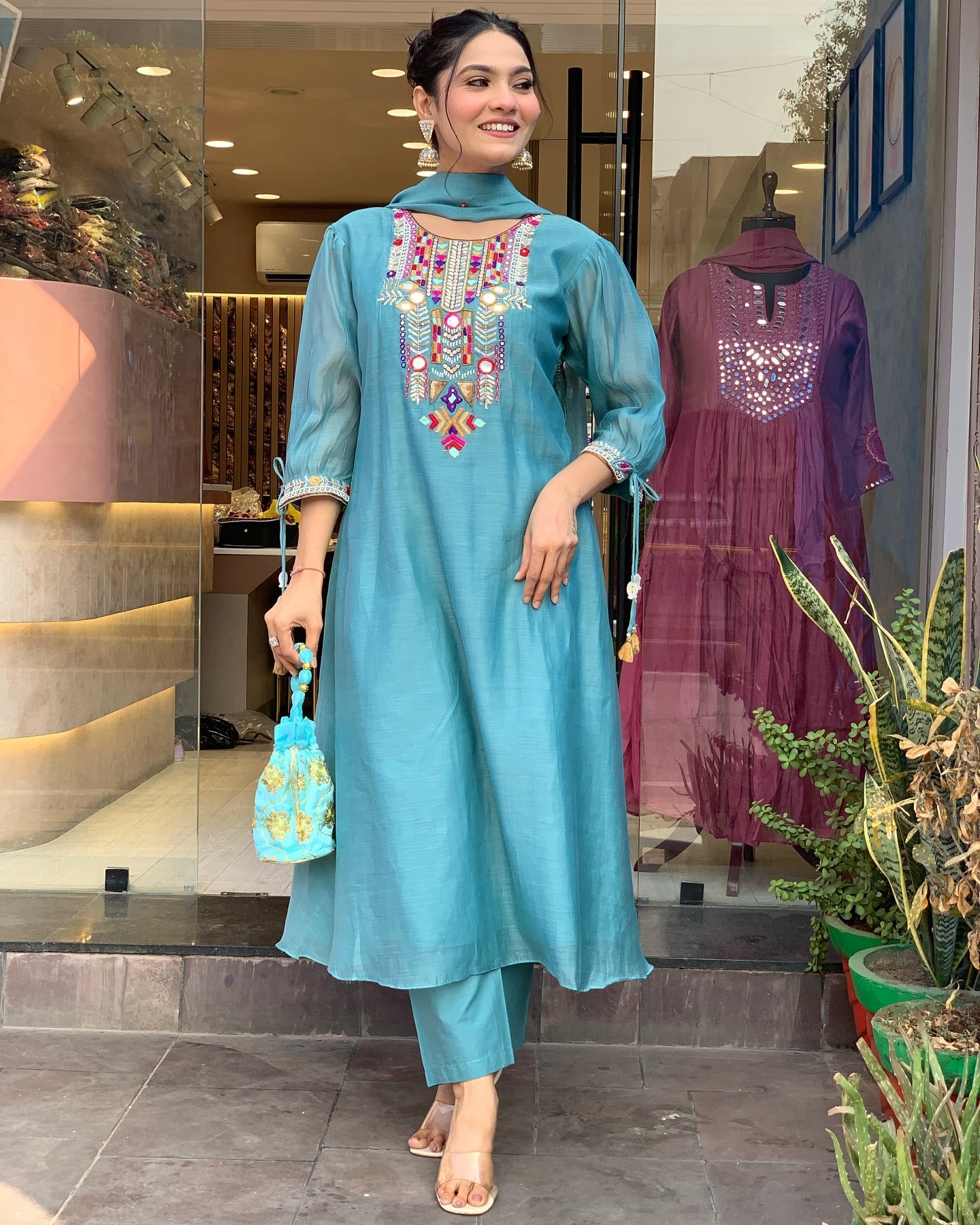 Stunning Teal Embroidered Kurta Set with Sheer Dupatta