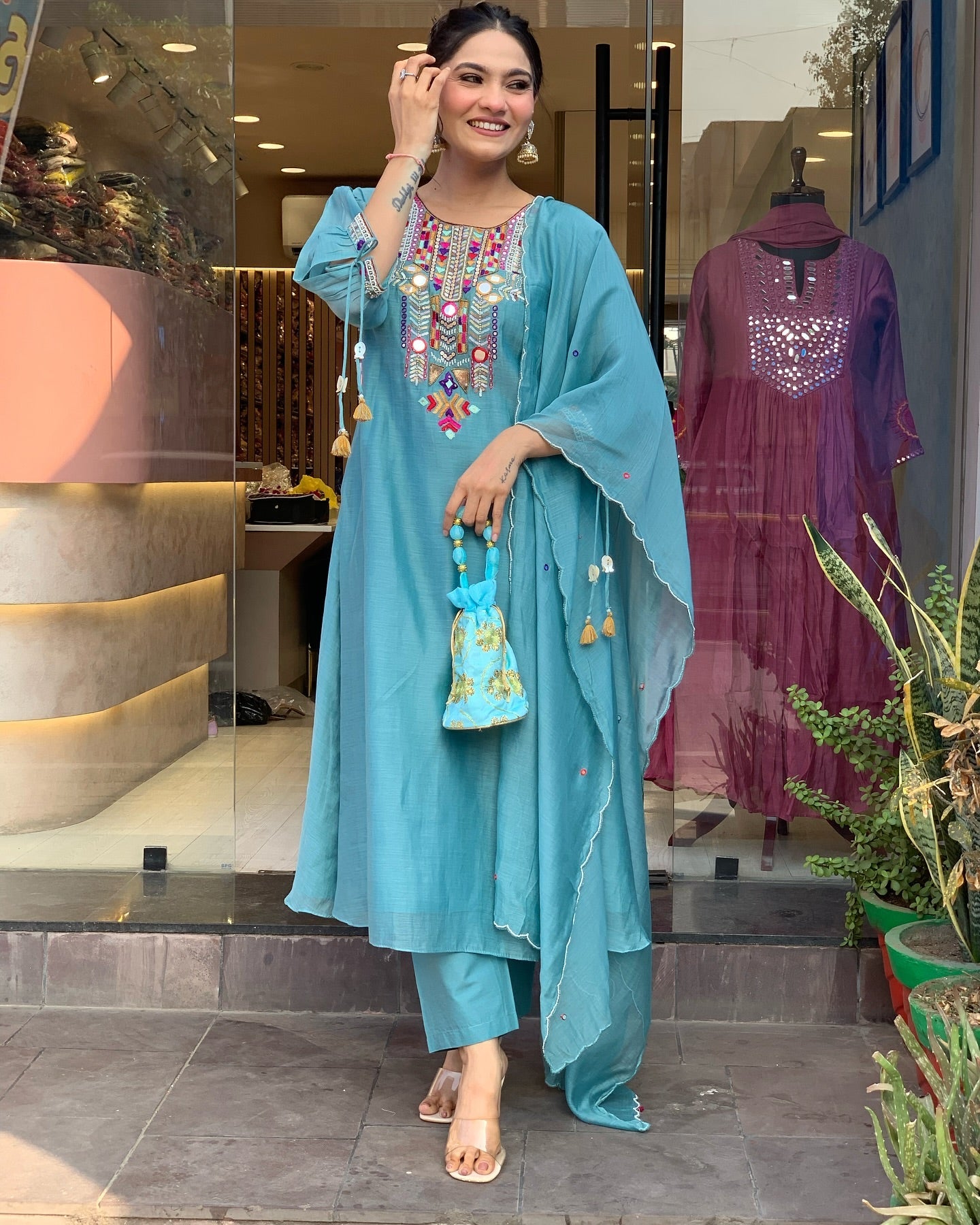 Stunning Teal Embroidered Kurta Set with Sheer Dupatta