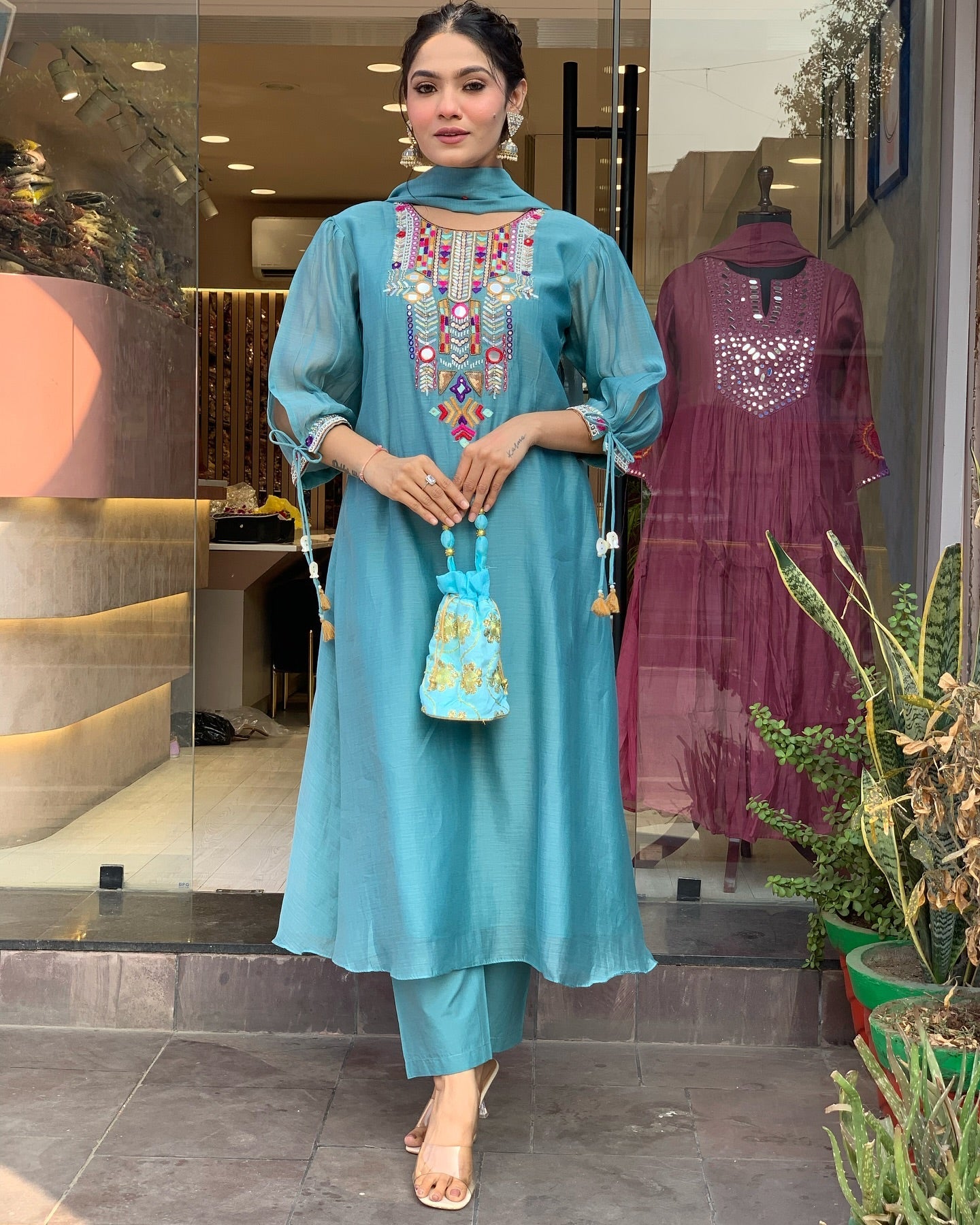 Stunning Teal Embroidered Kurta Set with Sheer Dupatta