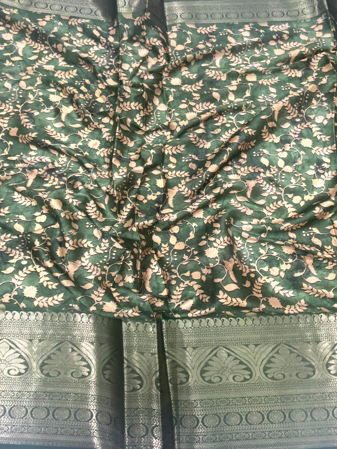 Green Floral Animal Batik Soft Silk Saree by My Store