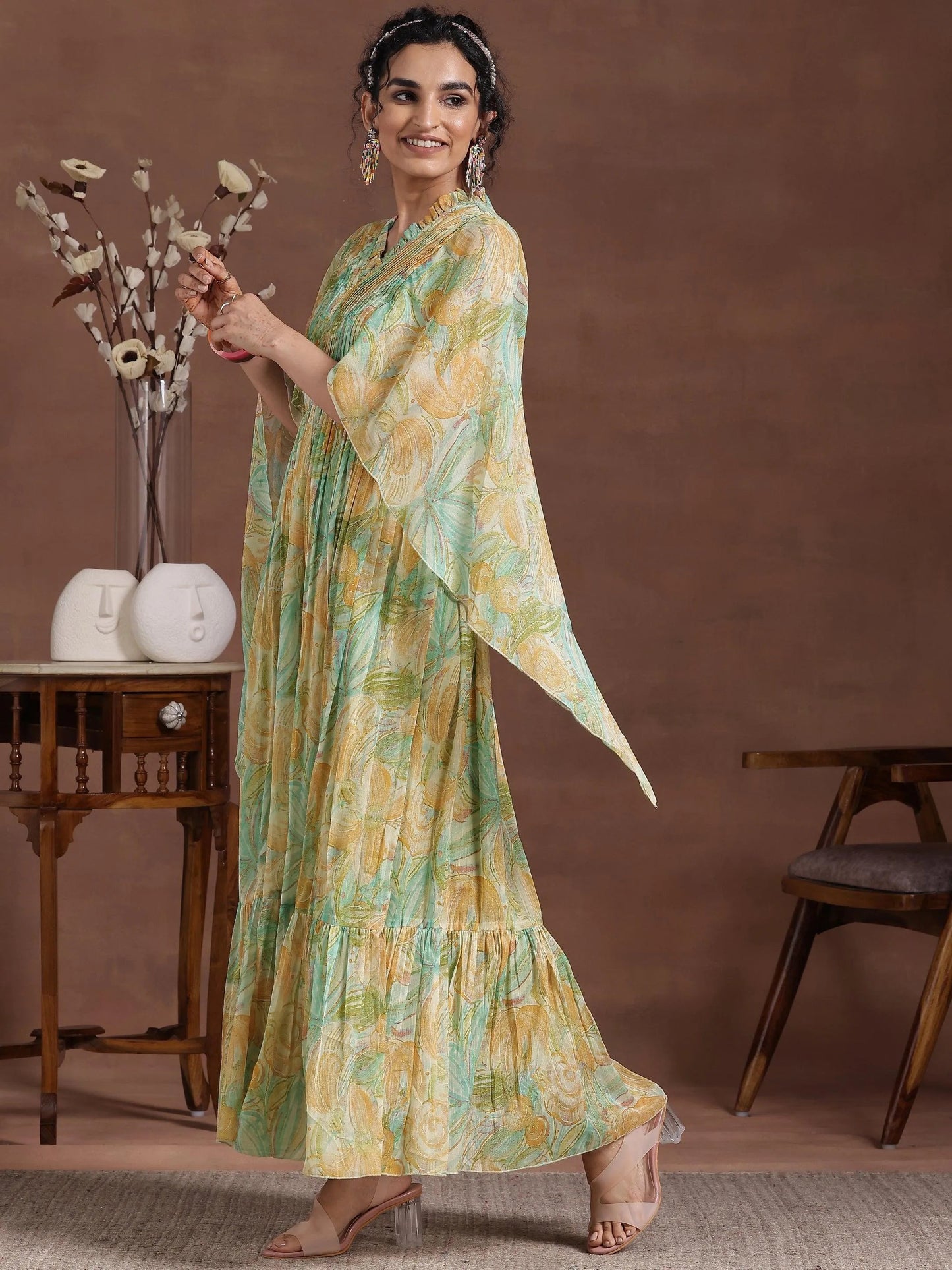 Green Printed Chiffon A-Line Dress by My Store