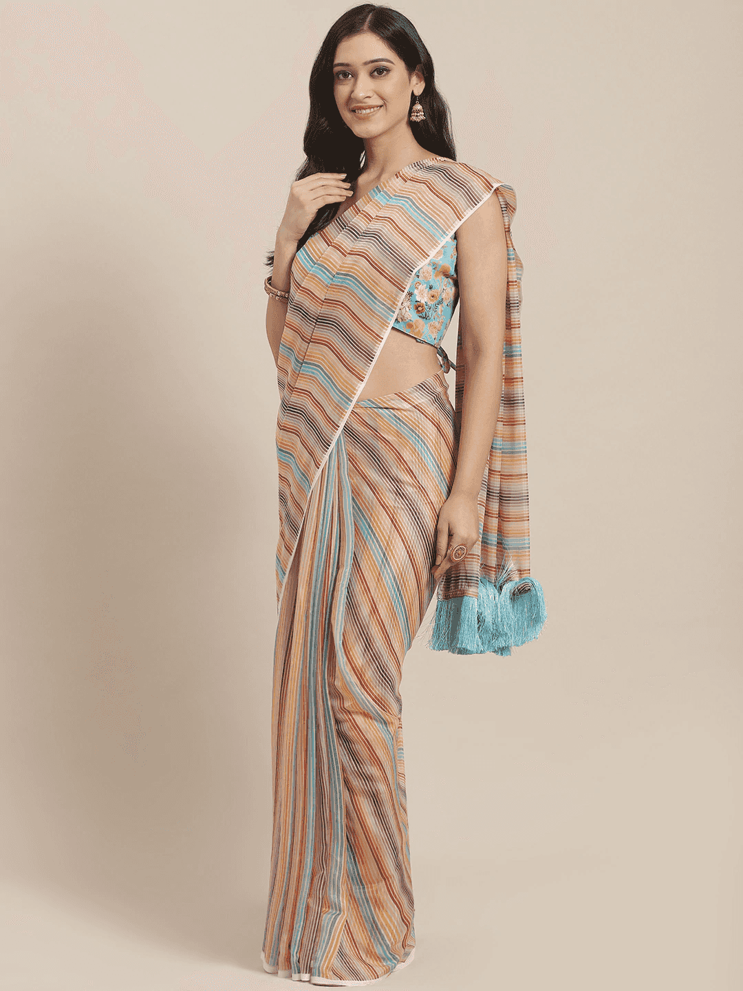Stylish Yellow Colour Striped Silk Saree With Resham Tassel by My Store