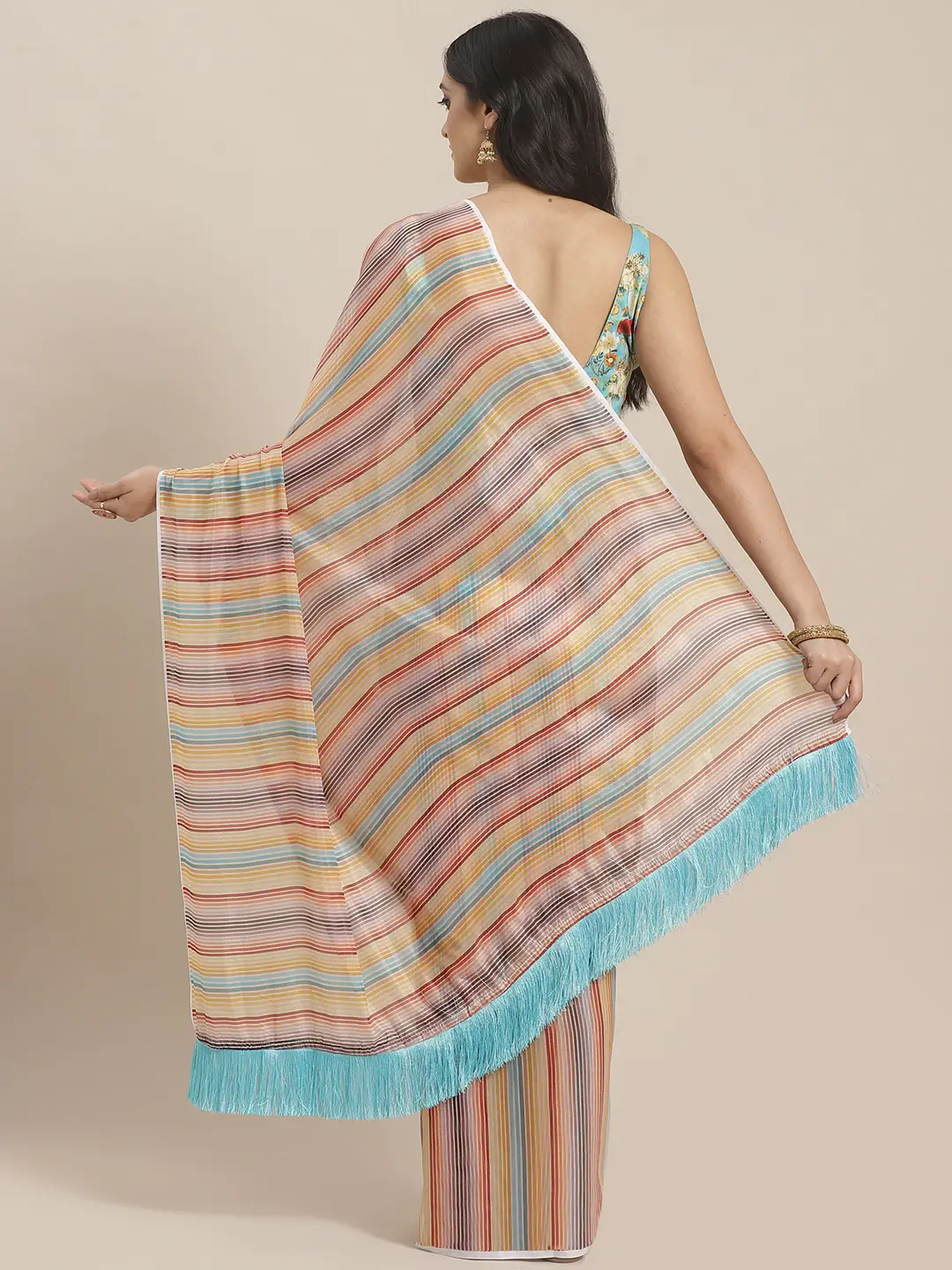 Stylish Yellow Colour Striped Silk Saree With Resham Tassel by My Store