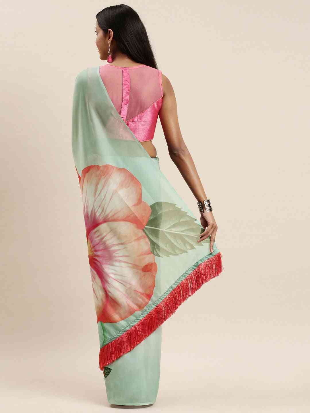 Pink Colour Floral Printed Pure Tebi Silk Saree With Resham Tassel by My Store