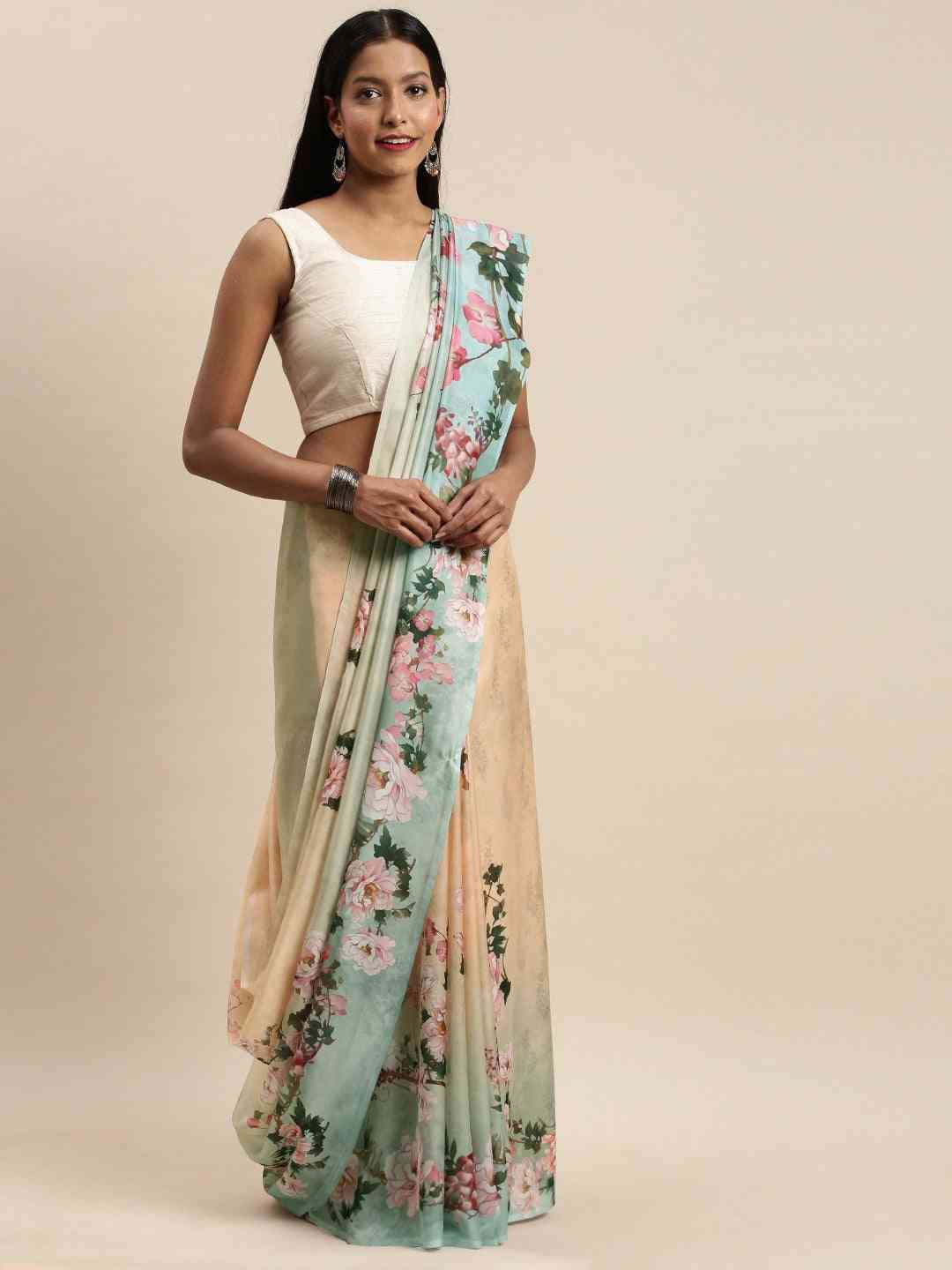 Beige Colour Floral Printed Pure Tebi Silk Saree With Resham Tassel