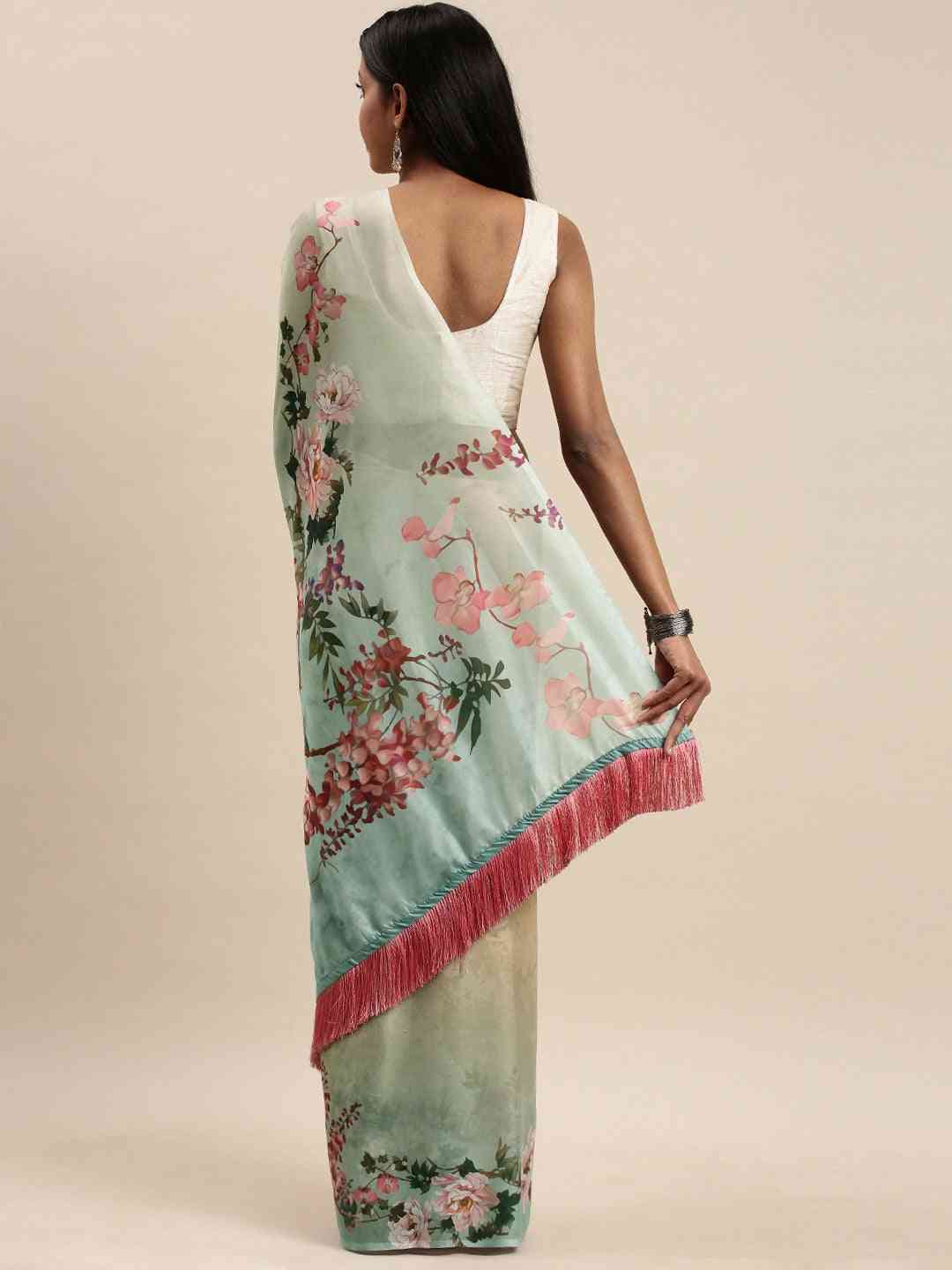 Beige Colour Floral Printed Pure Tebi Silk Saree With Resham Tassel