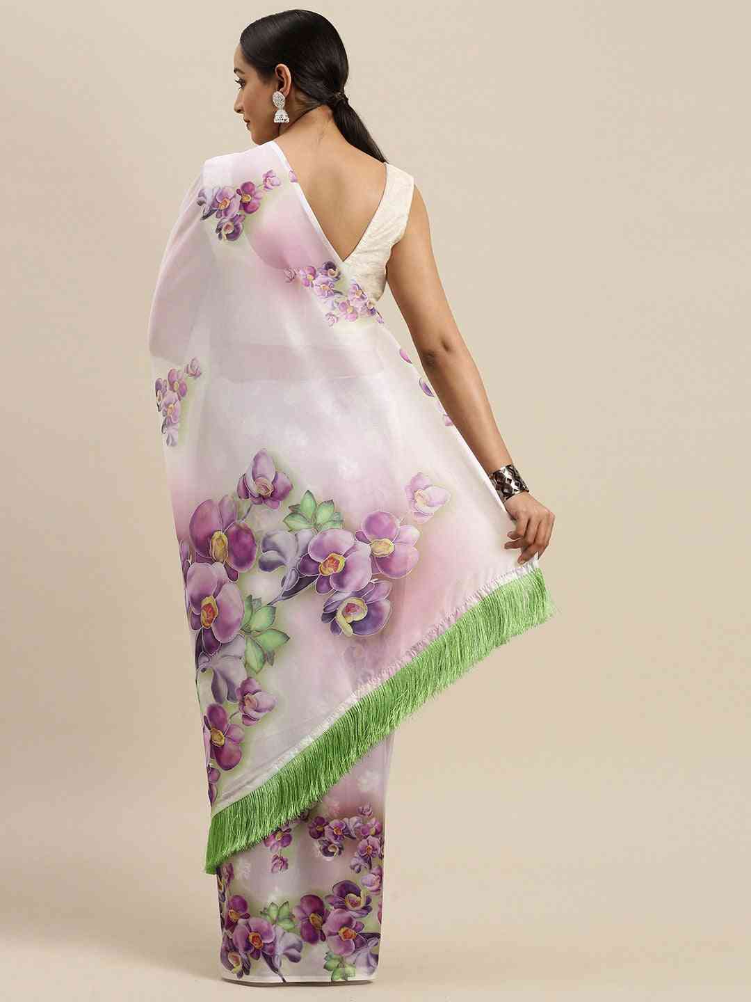 Off White Colour Floral Printed Pure Tebi Silk Saree With Resham Tassel by My Store
