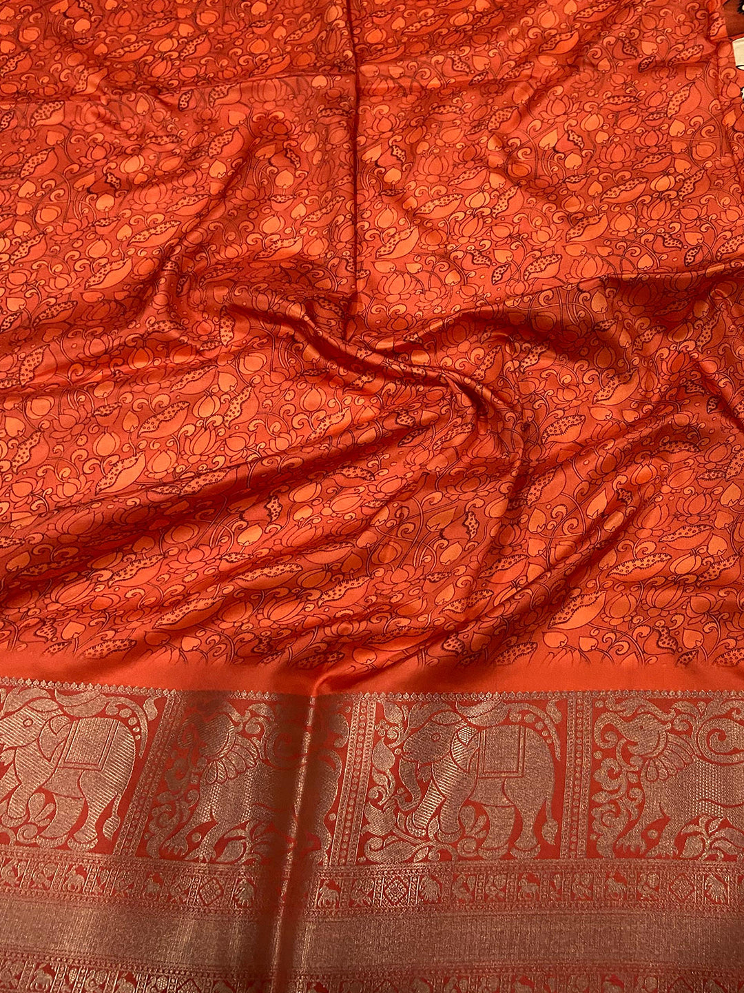 Sunset Coral Soft Silk Kalamkari Saree