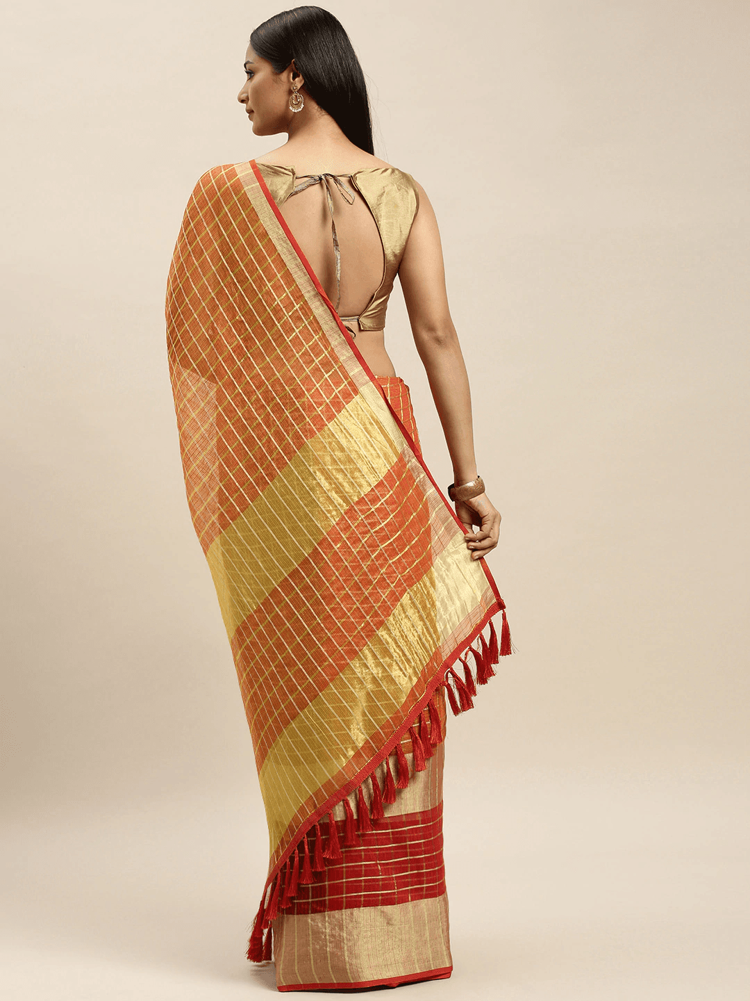 Orange Kota Doria Zari Butti Festive Wear Saree by My Store