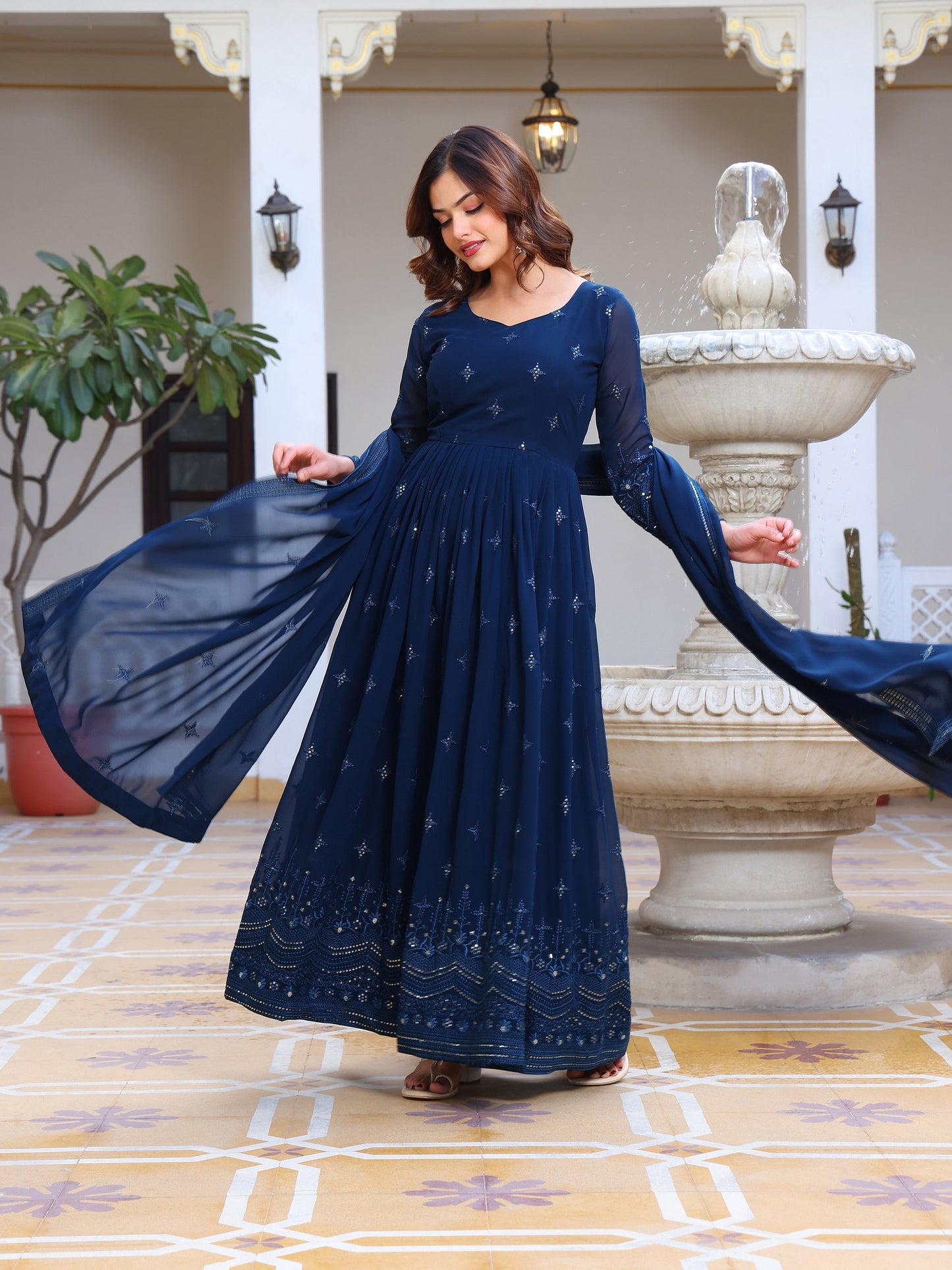 Georgette Party Wear Blue Anarkali Suit
