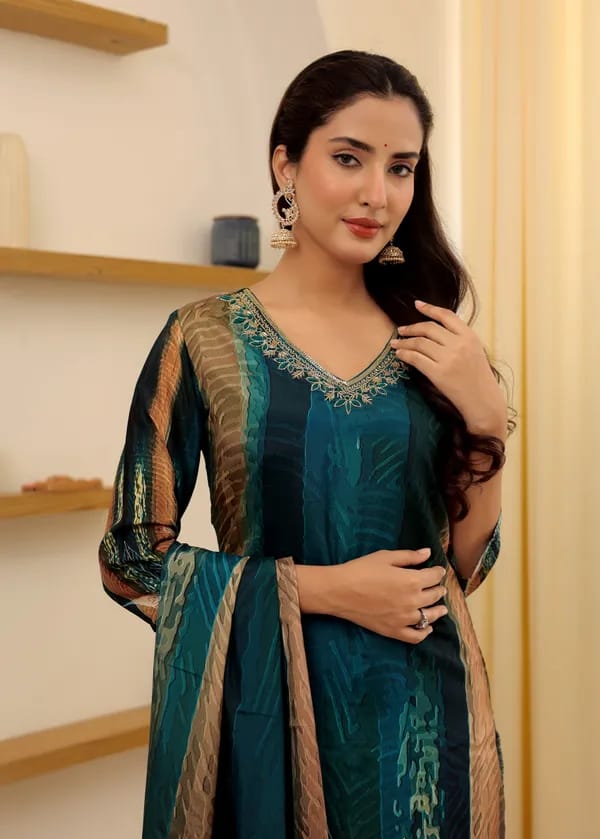 Rayon Embroidered Turquoise Kurta Set