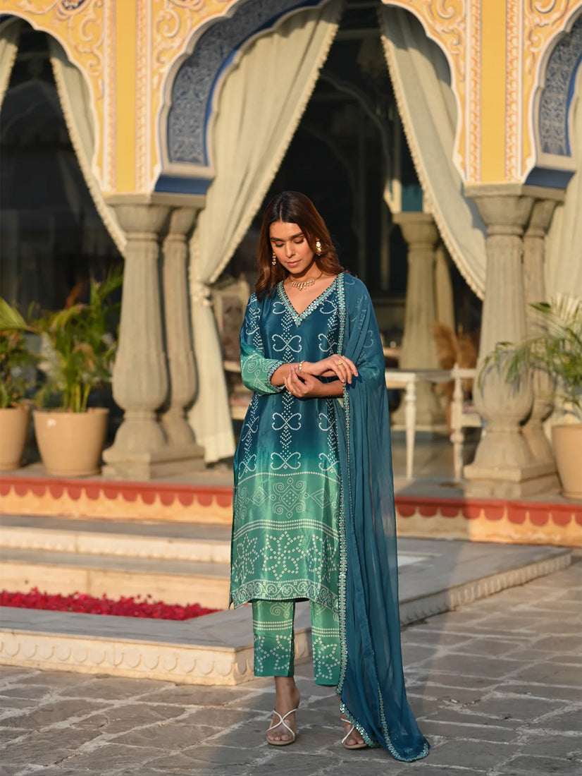 Festival Wear Silk Turquoise Kurta Set