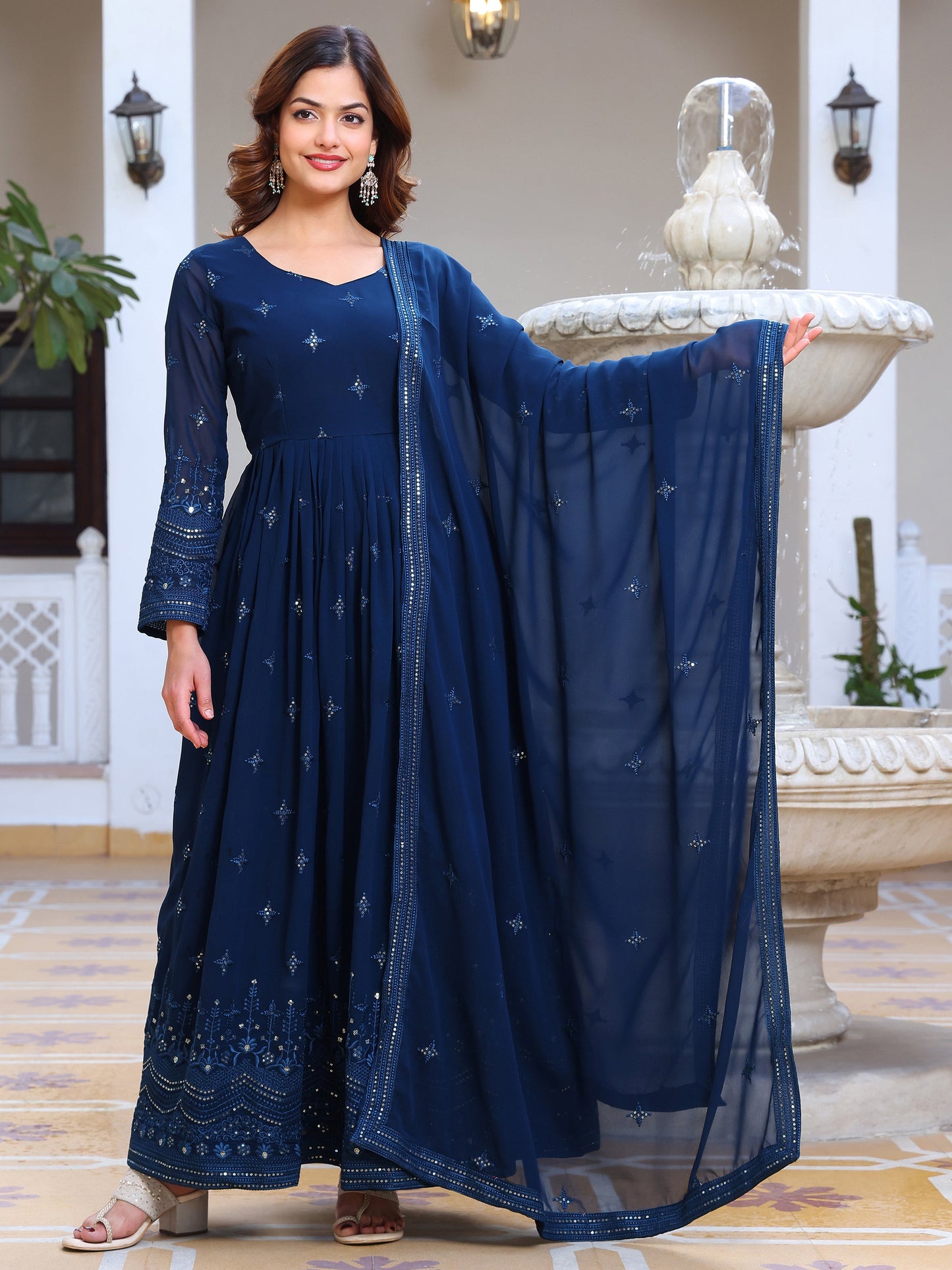Georgette Party Wear Blue Anarkali Suit