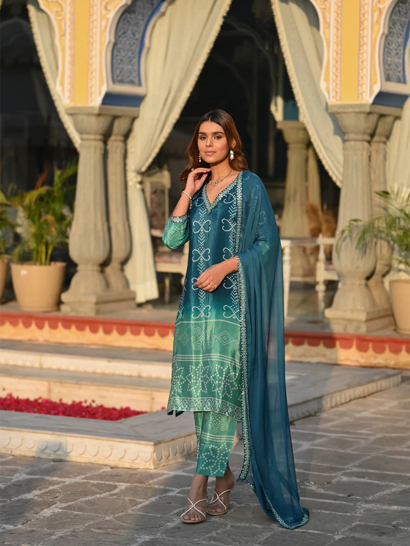 Festival Wear Silk Turquoise Kurta Set