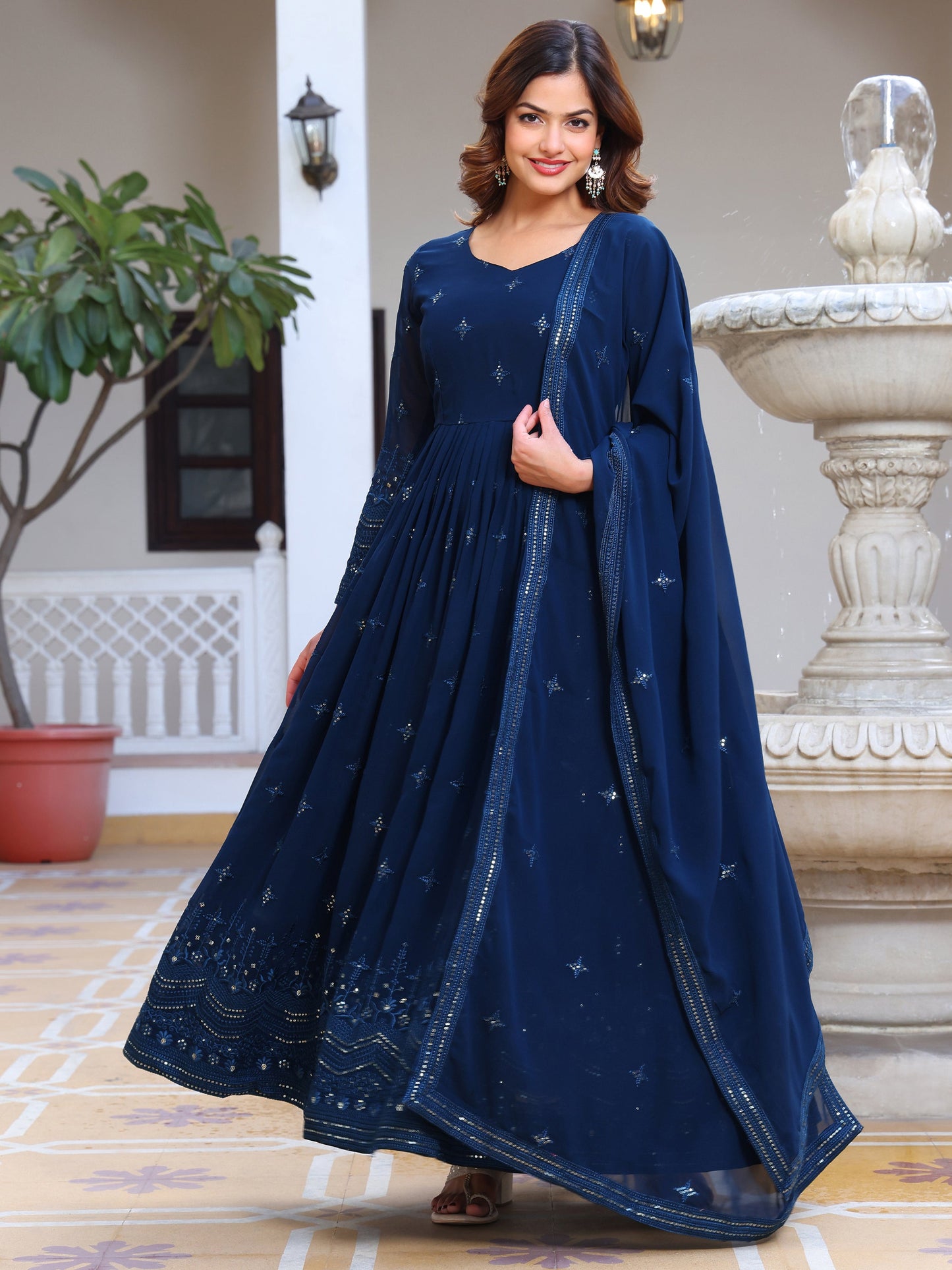 Georgette Party Wear Blue Anarkali Suit