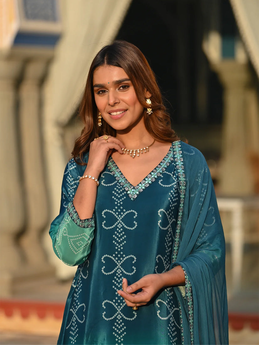 Festival Wear Silk Turquoise Kurta Set