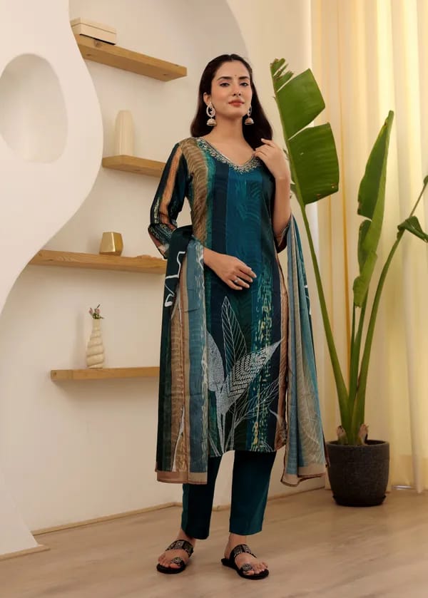 Rayon Embroidered Turquoise Kurta Set