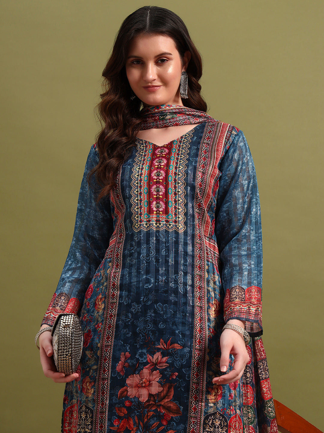 Turquoise Blue Printed Kurta Set with Dupatta & Pants – Elegant Ethnic Wear