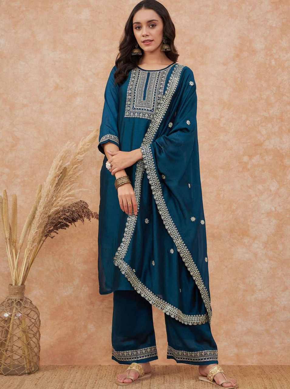 Stunning Turquoise Embroidered Kurta Set with Sheer Dupatta