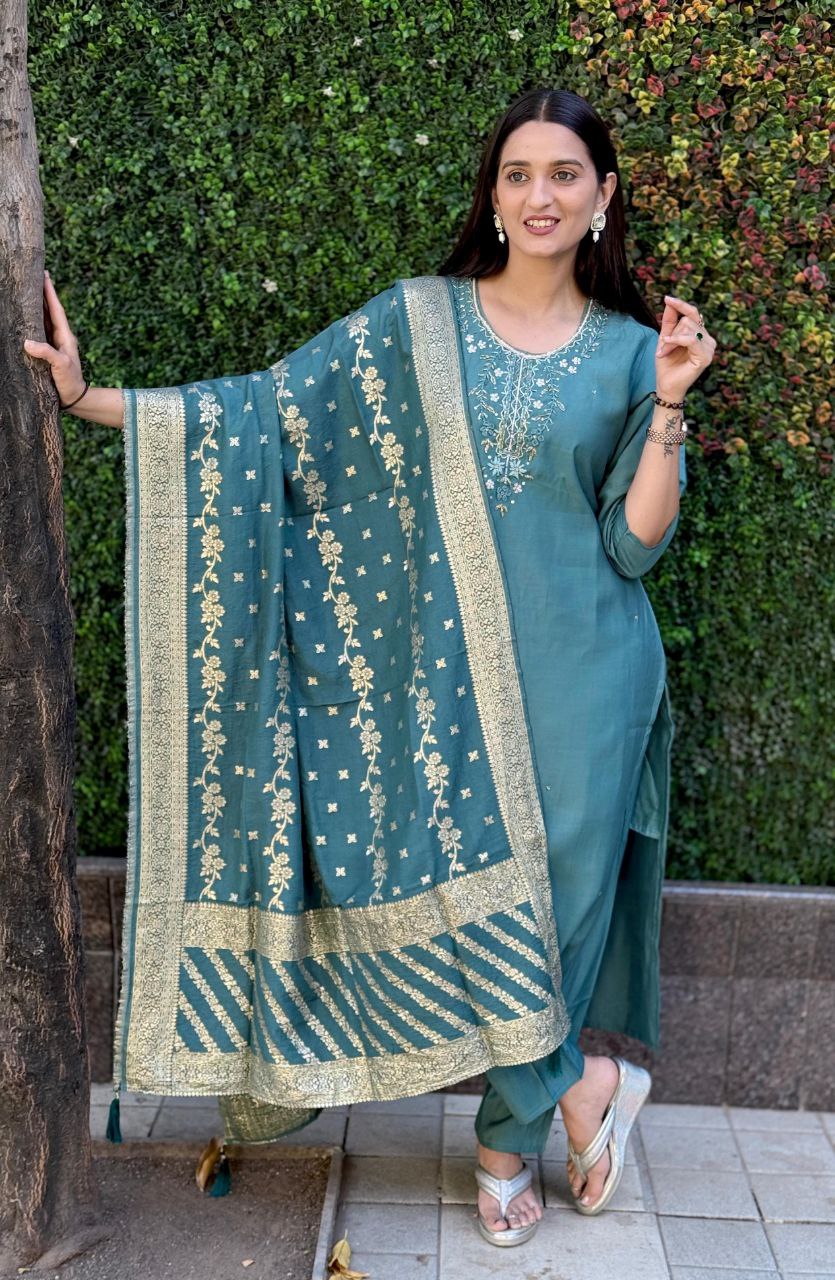 Turquoise Kurta Set with Dupatta – Elegant Party & Festive Wear for Women