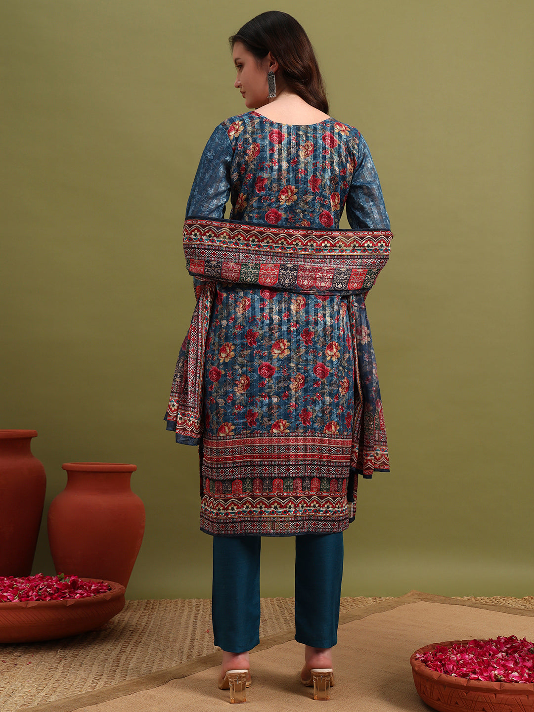 Turquoise Blue Printed Kurta Set with Dupatta & Pants – Elegant Ethnic Wear