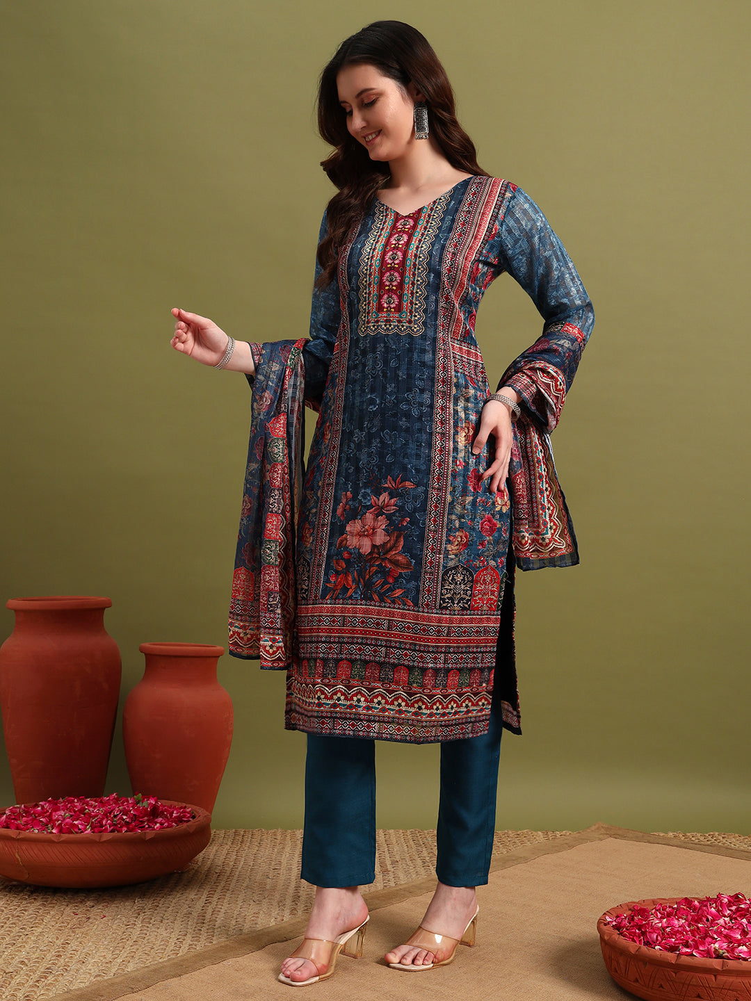 Turquoise Blue Printed Kurta Set with Dupatta & Pants – Elegant Ethnic Wear