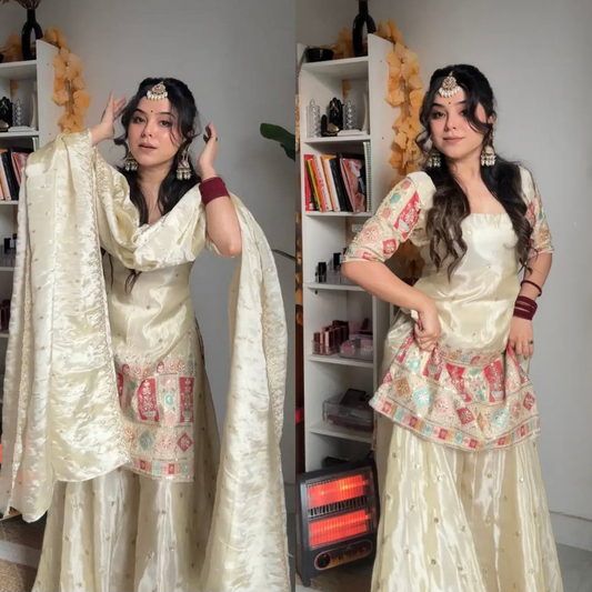 Woman in traditional outfit with a white background