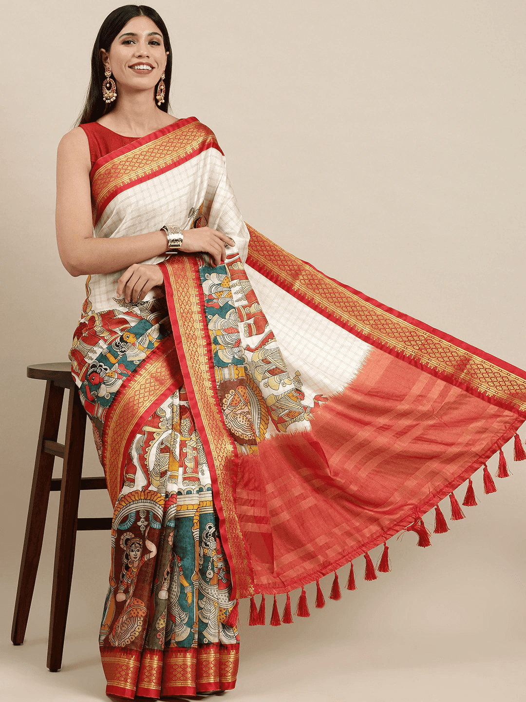 Red Uppada Silk Kalamkari Digital Print Saree by My Store