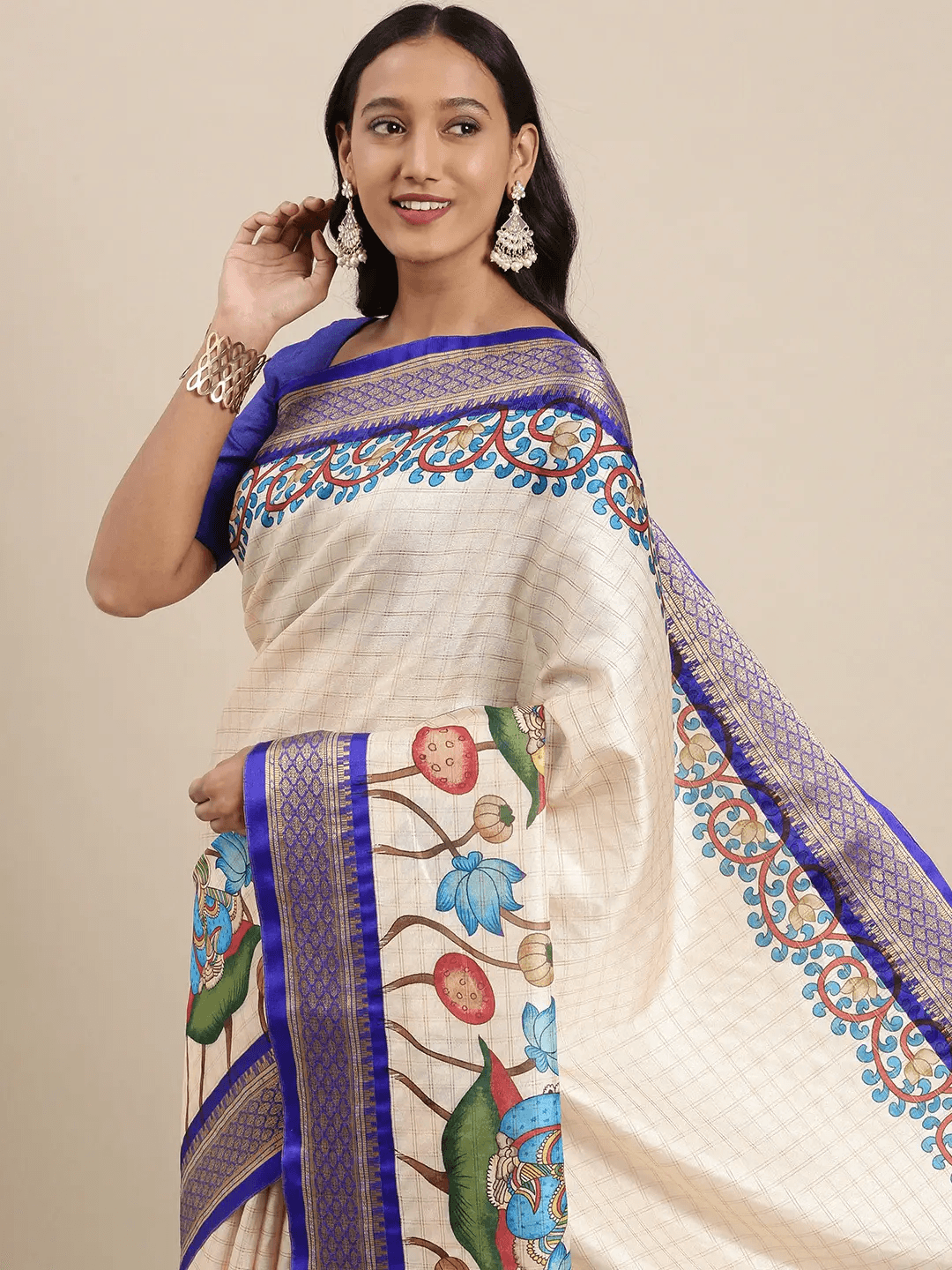 Attractive Blue Colour Kalamkari Digital Print Uppada Silk Saree
