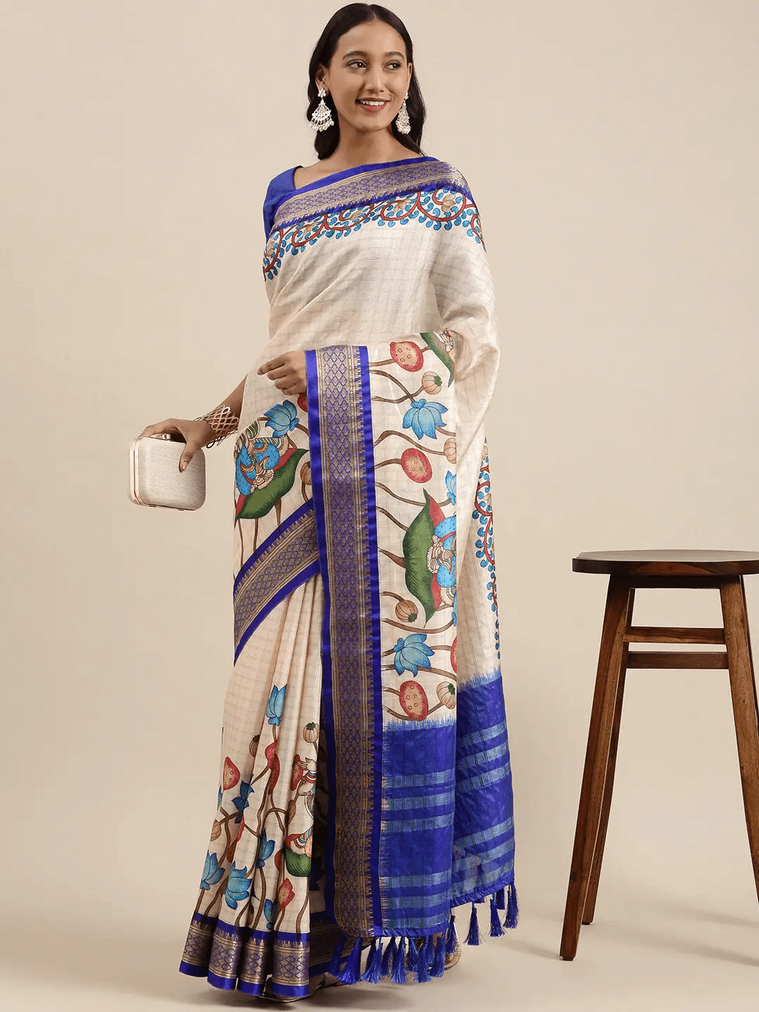 Attractive Blue Colour Kalamkari Digital Print Uppada Silk Saree