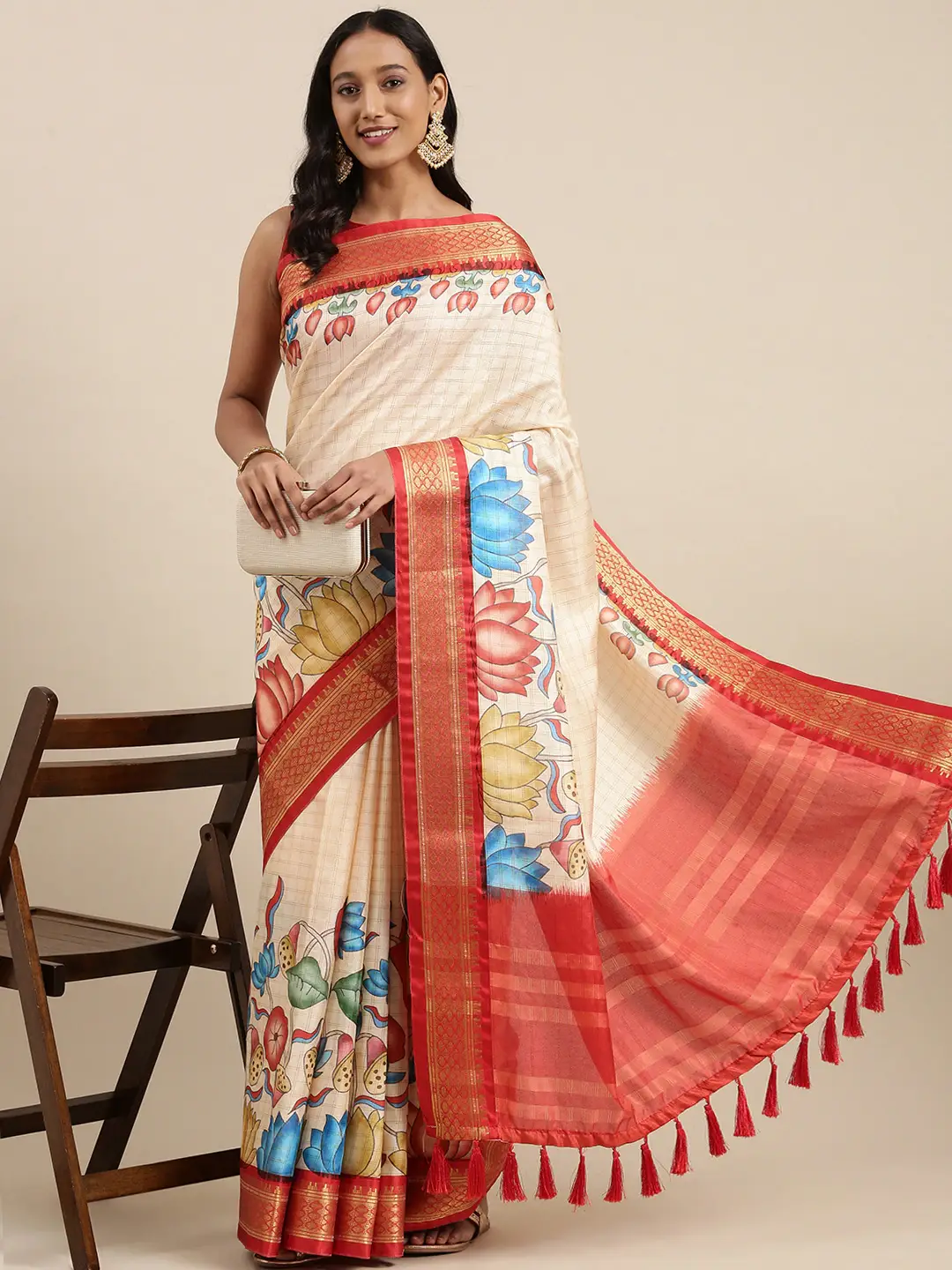 Red Colour Kalamkari Digital Print Uppada Silk Saree by My Store
