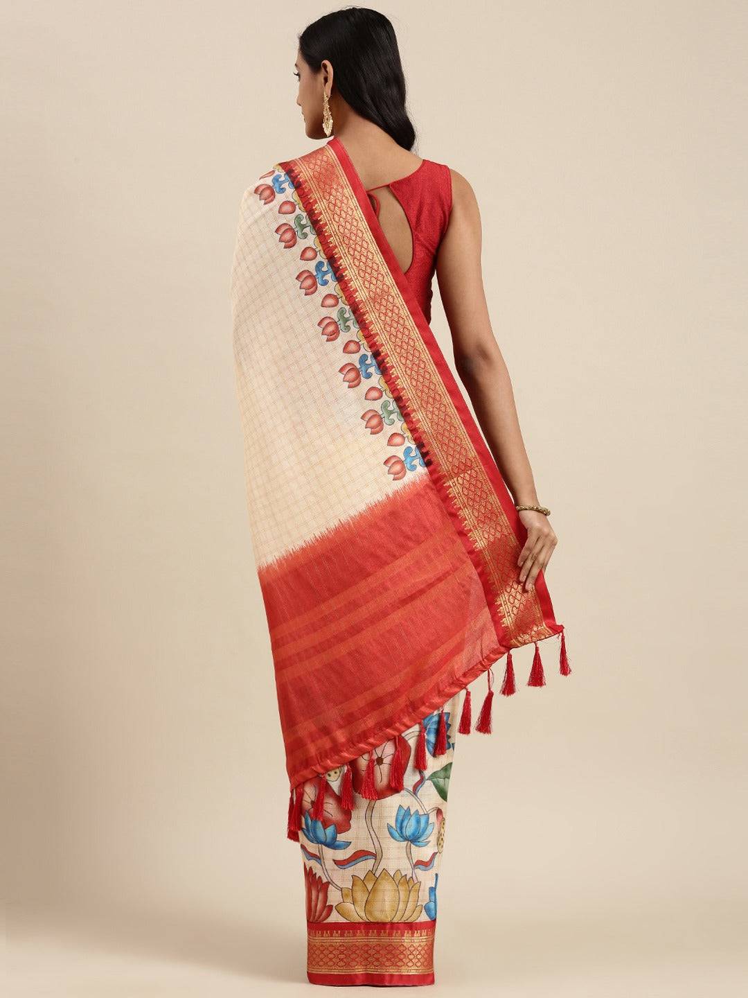Red Colour Kalamkari Digital Print Uppada Silk Saree by My Store